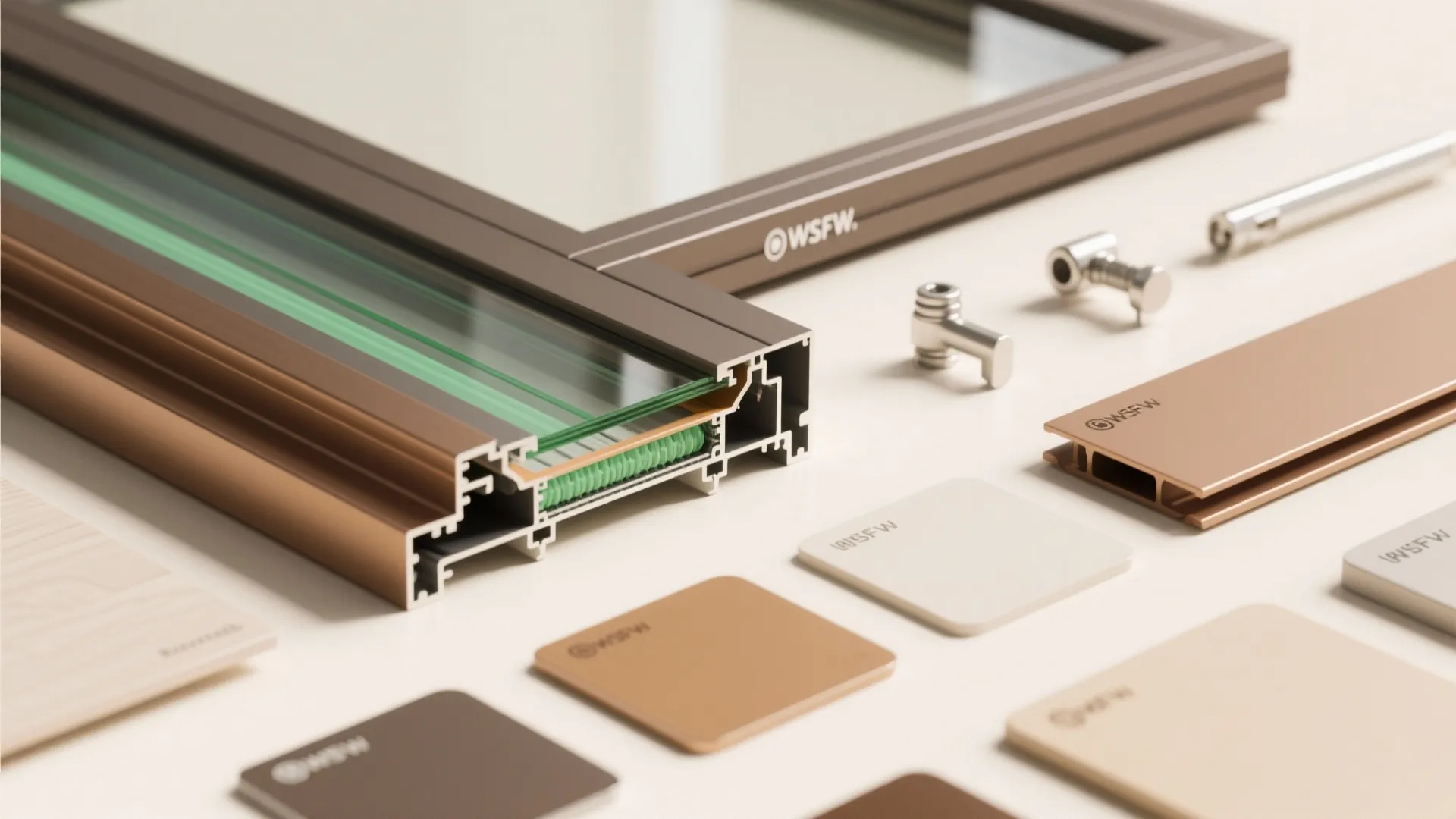 Close up view of window frame profile showing glass layers metal structure and color material samples