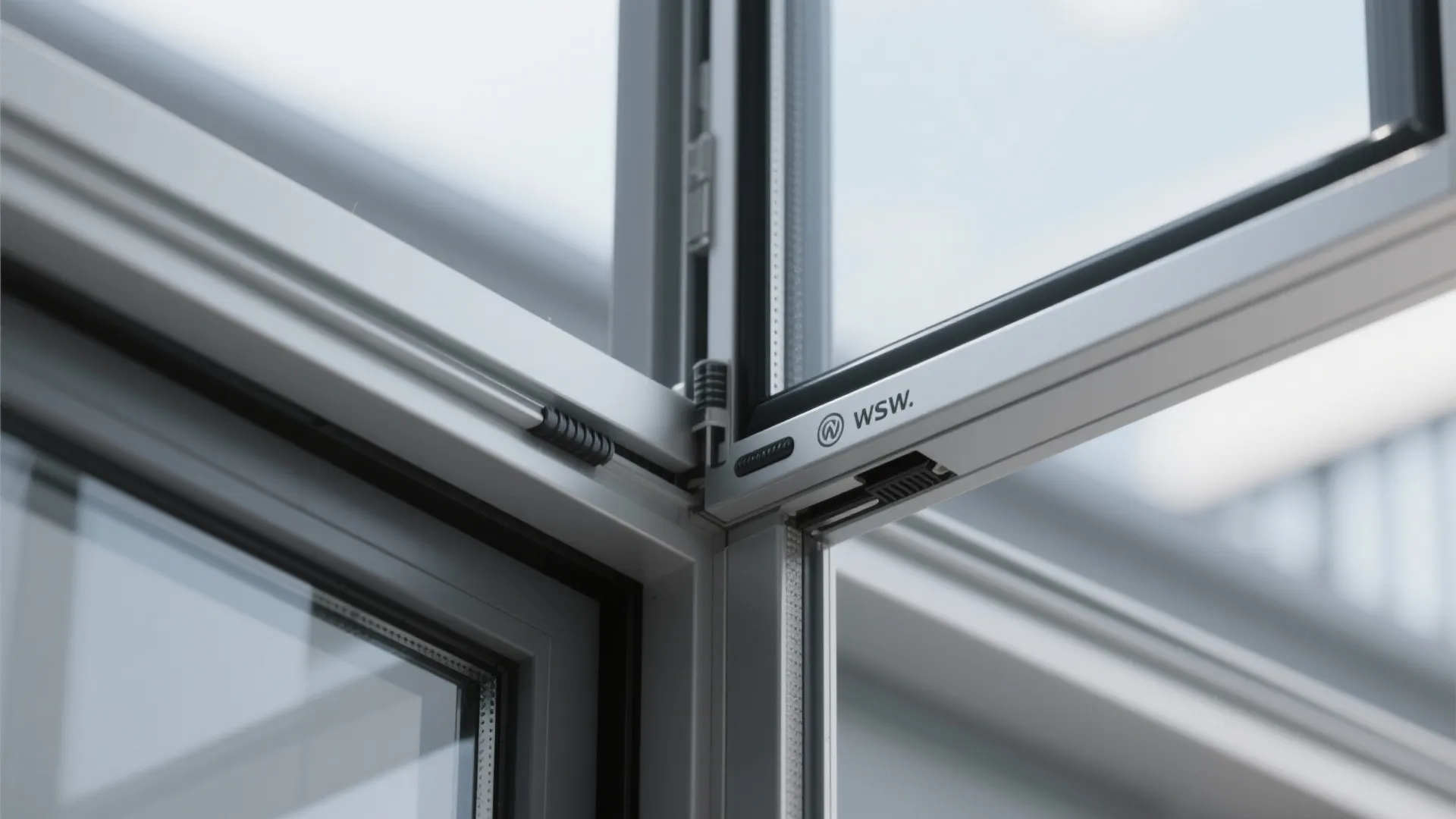 Close up view of a modern metal window frame showing the clean corner and hinge