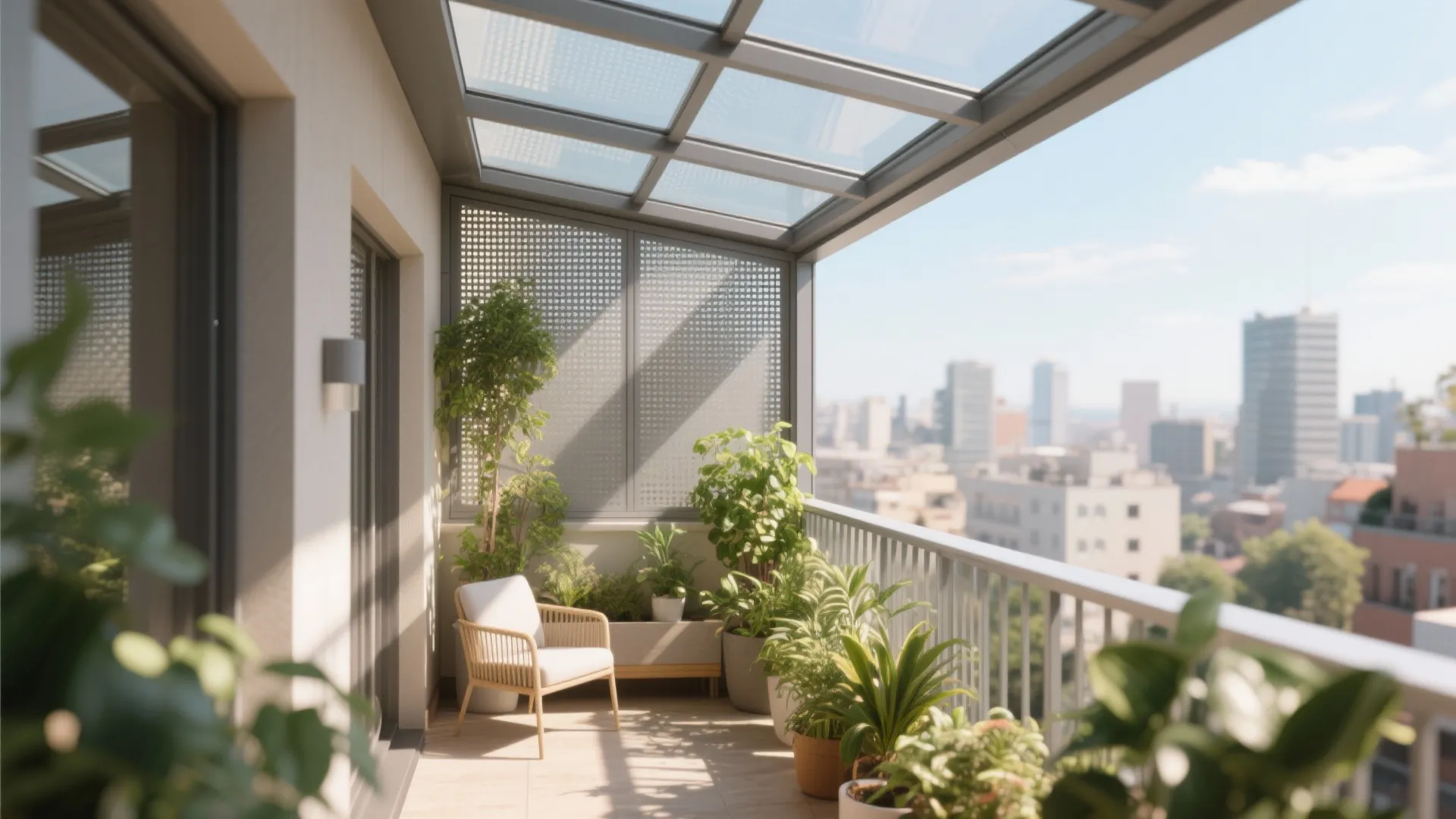Modern sunny balcony with glass roof panels wood chair green potted plants and city view