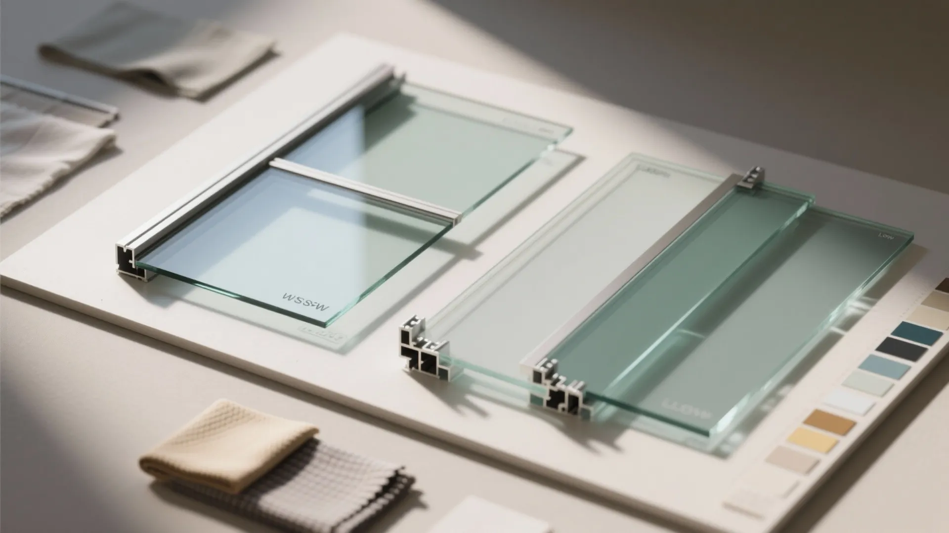Glass window samples with metal frames displayed on a table with various fabric color swatches