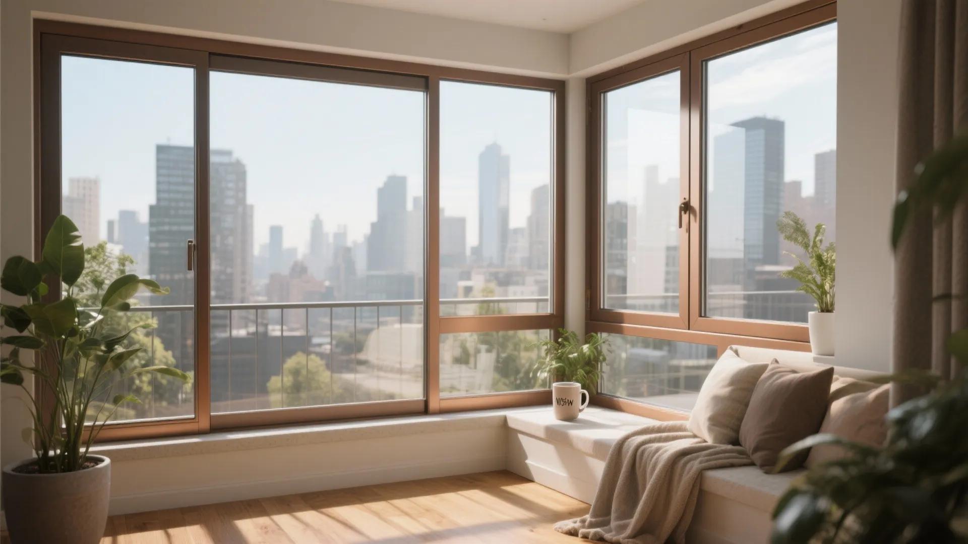 Bright sunlit living room featuring large brown windows white sofa green plants and distant city buildings