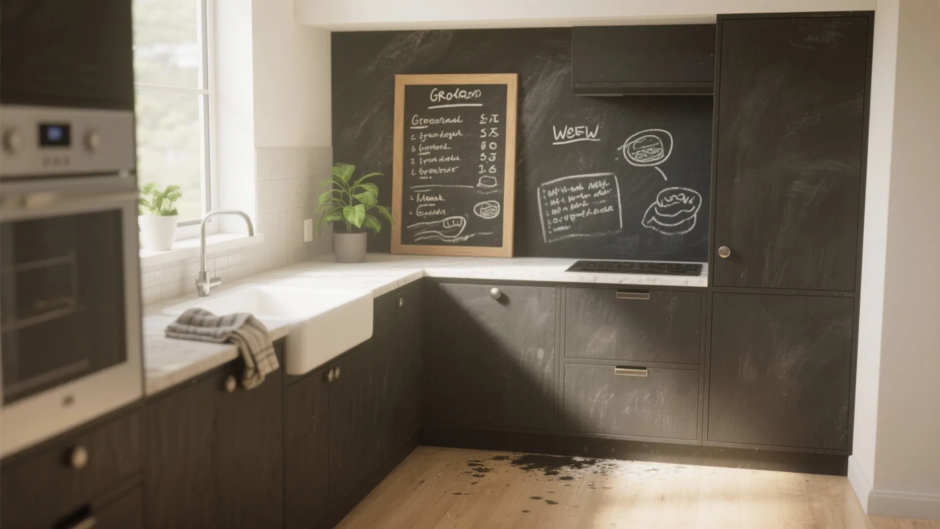 Modern kitchen with black lower cabinets and chalkboard wall section showing grocery list and drawings