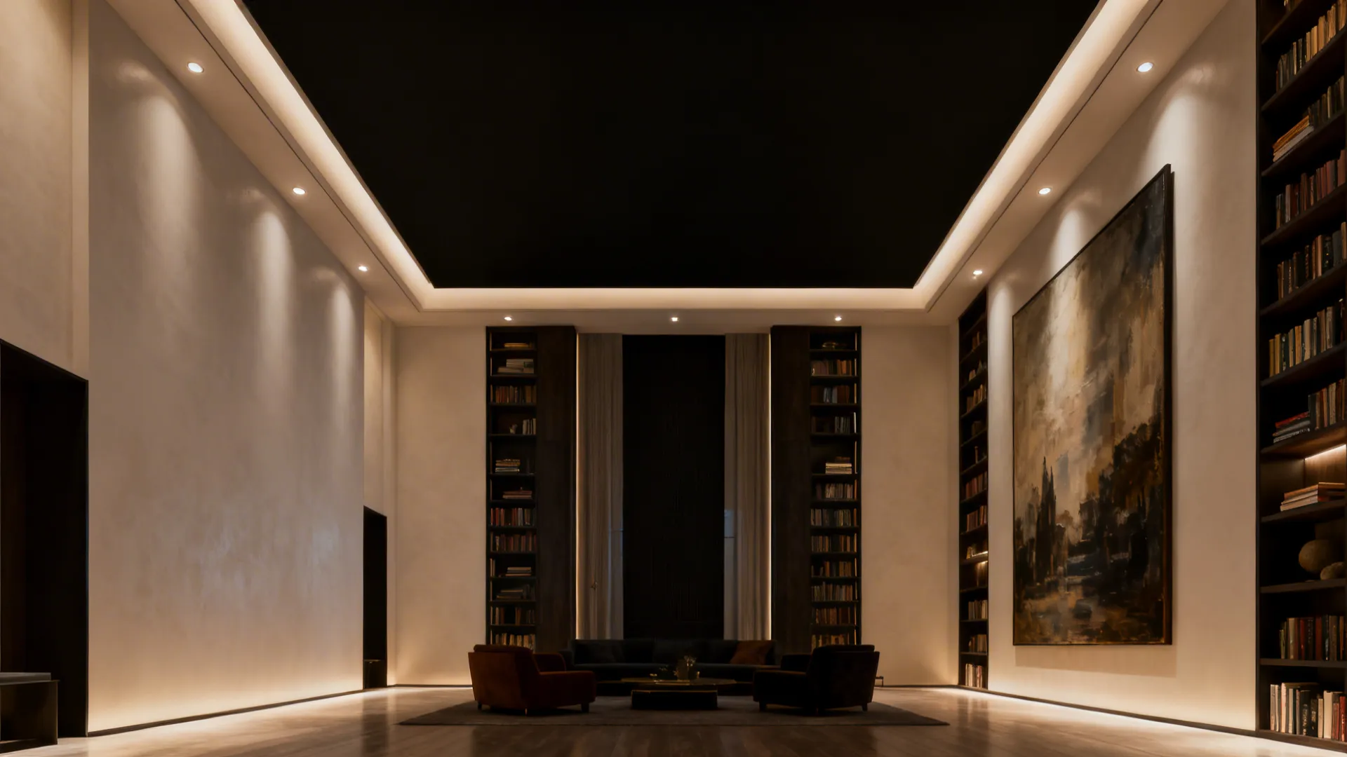 Tall room with a matte black ceiling that visually lowers the height, paired with light walls and layered lighting.