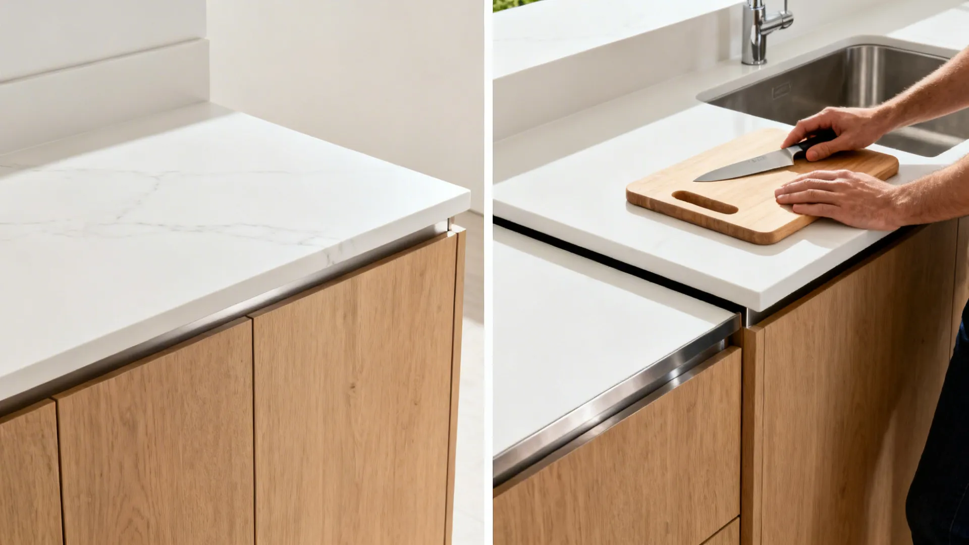 Before-after view contrasting standard and lowered 33-inch prep counters for better ergonomics.