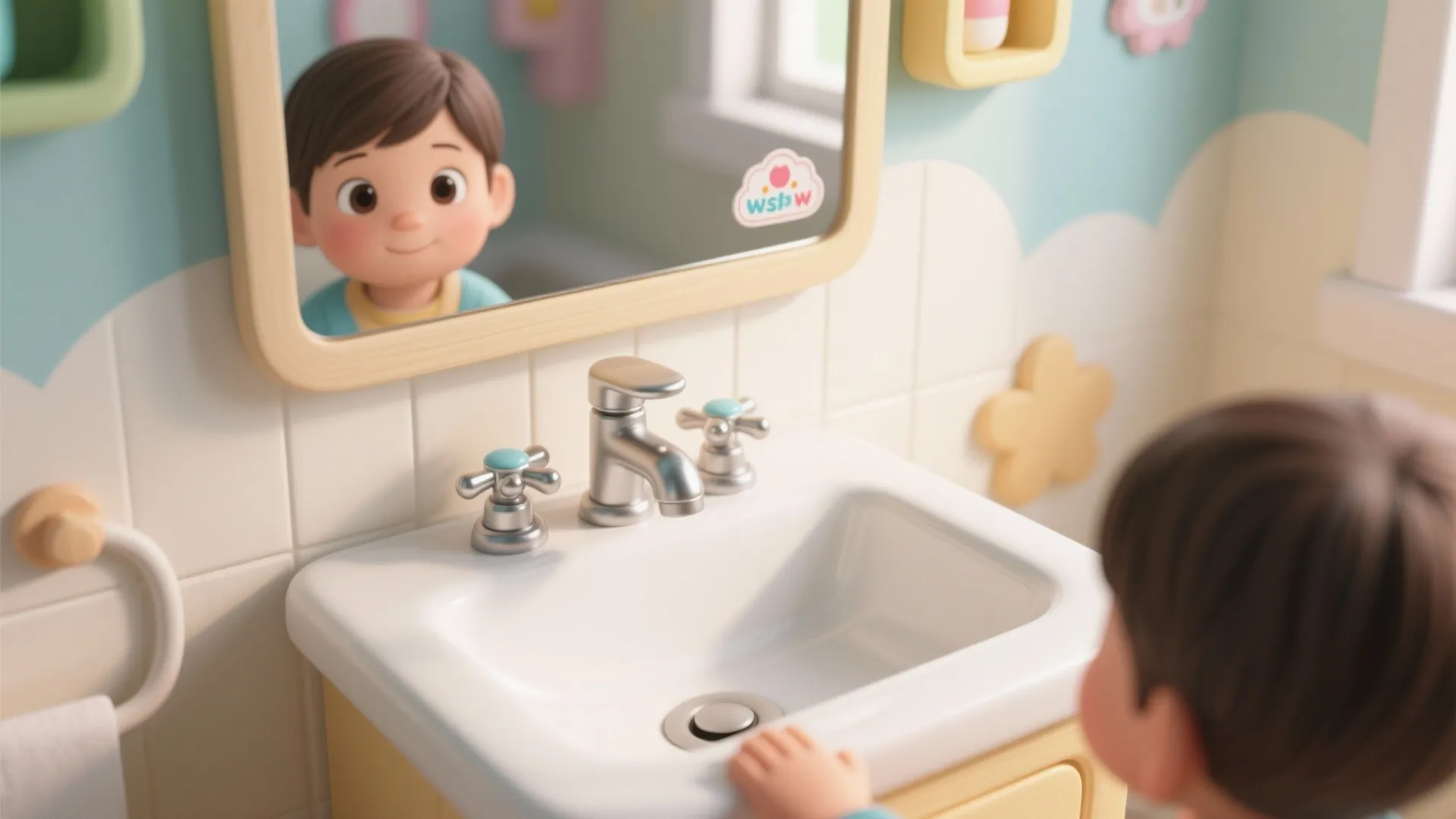 Child looking into mirror at small bathroom sink with low height water tap and handles