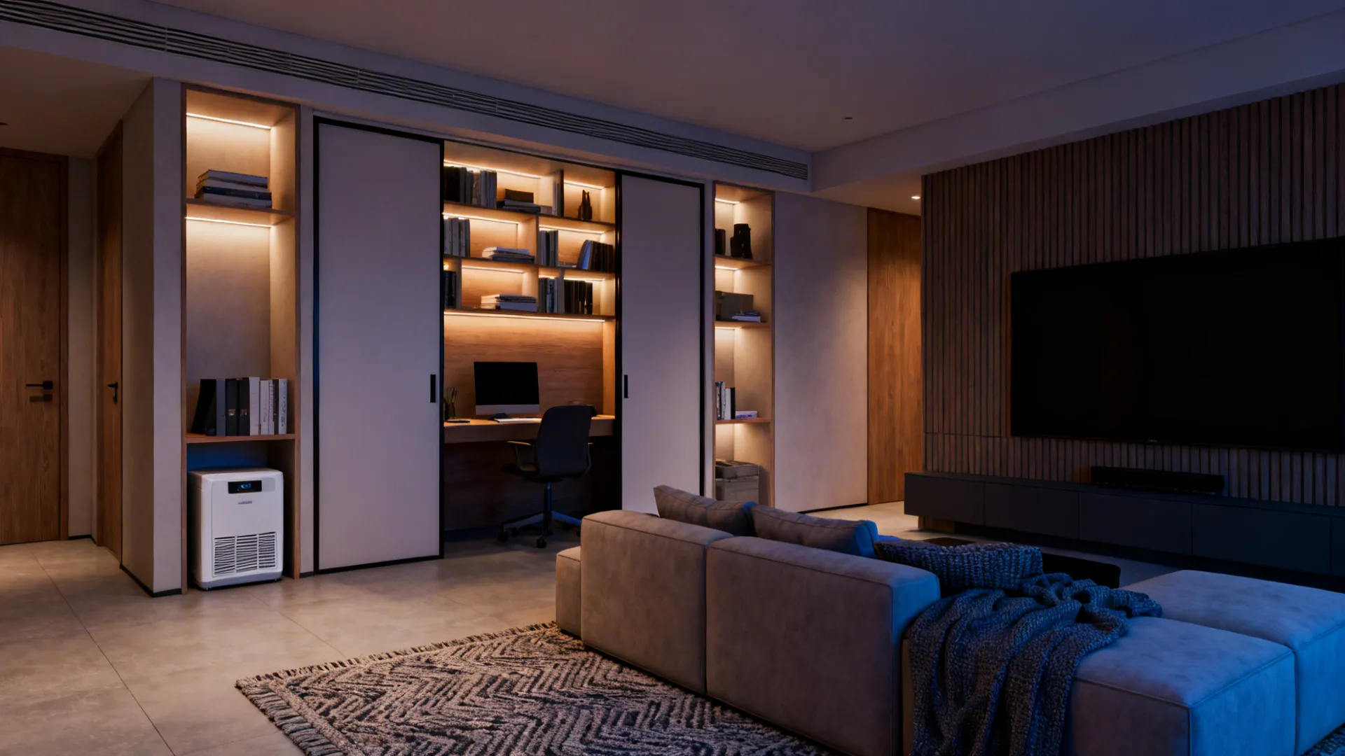 Lower level reworked as a multifunctional home office and media room with recessed storage and sliding doors.