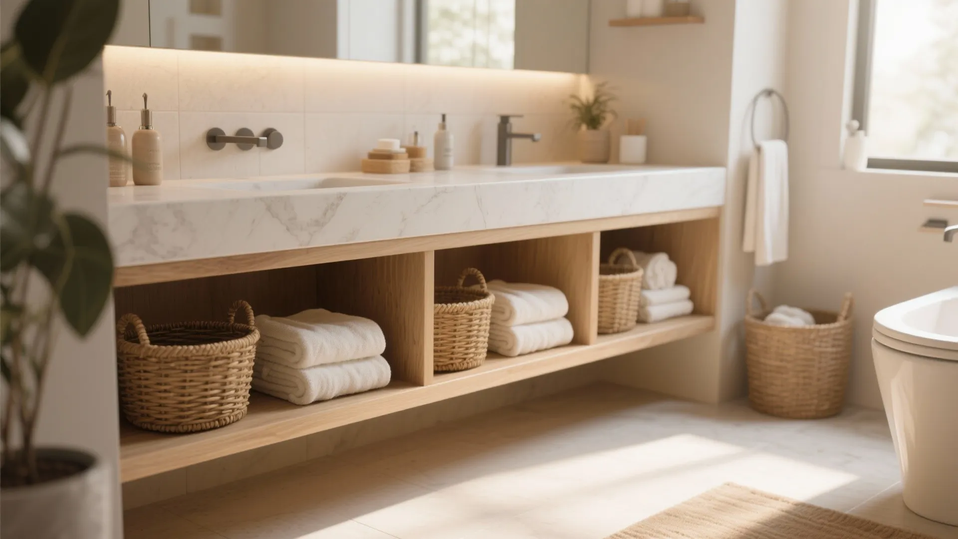 Modern bathroom wooden vanity with open shelves holding woven baskets white towels and marble counter top