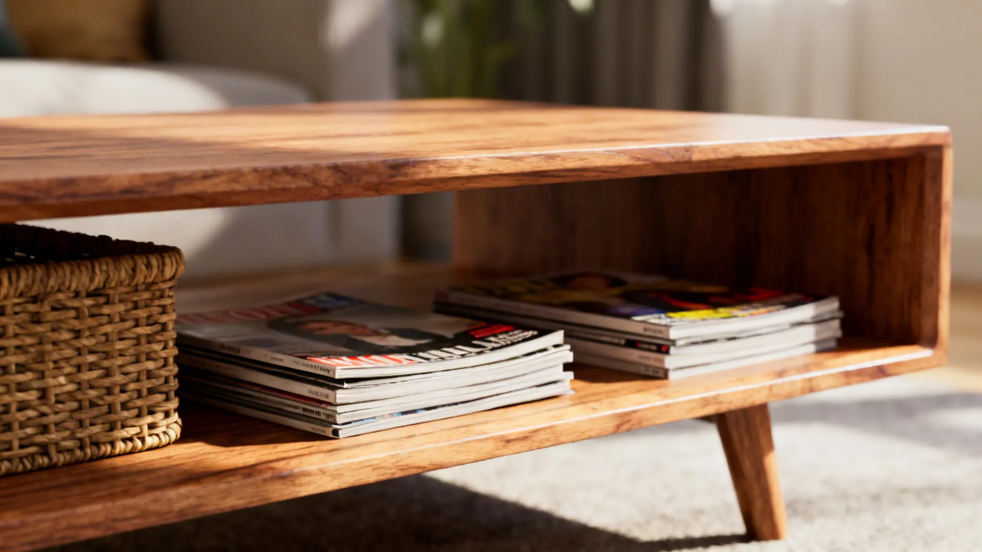 1. Slim Rectangular Wood Table with Lower Shelf