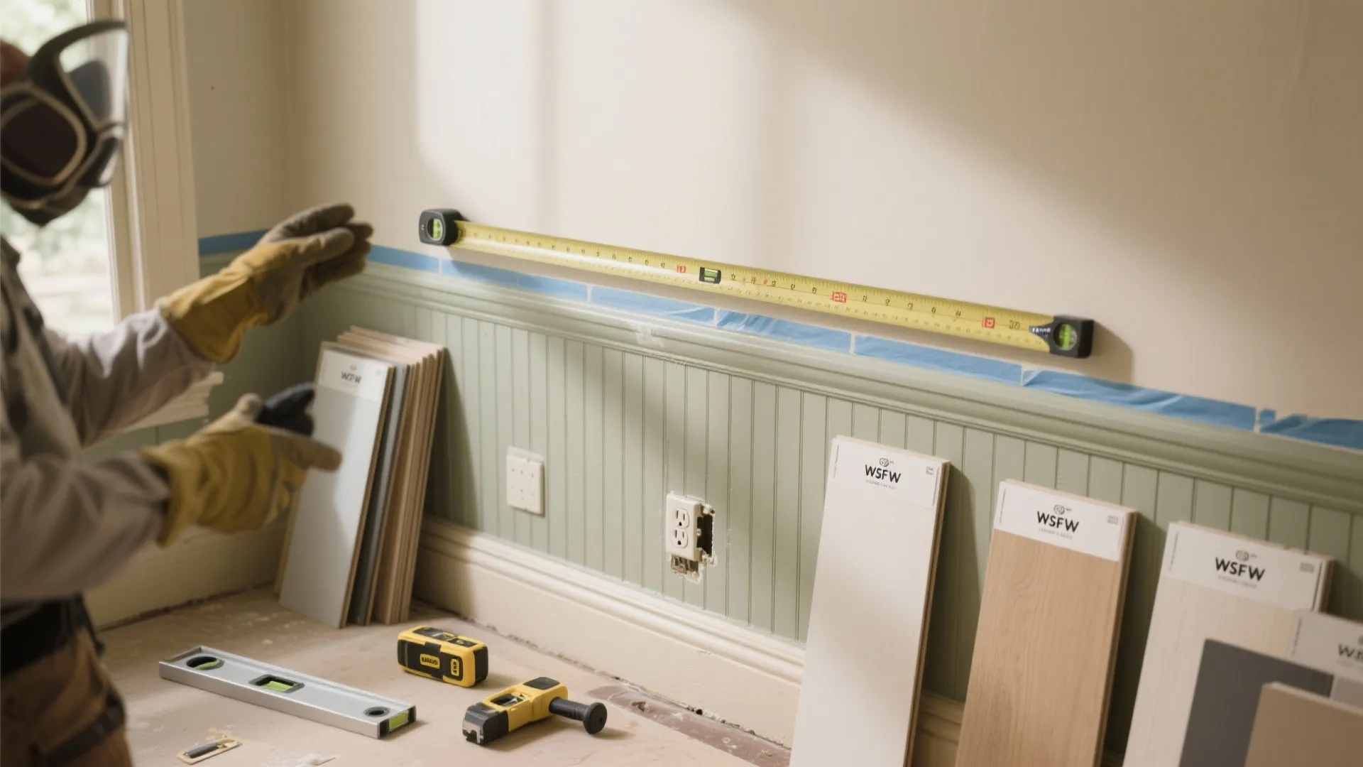 Worker measuring green wall panel with yellow tape measure and leveling tool in empty room