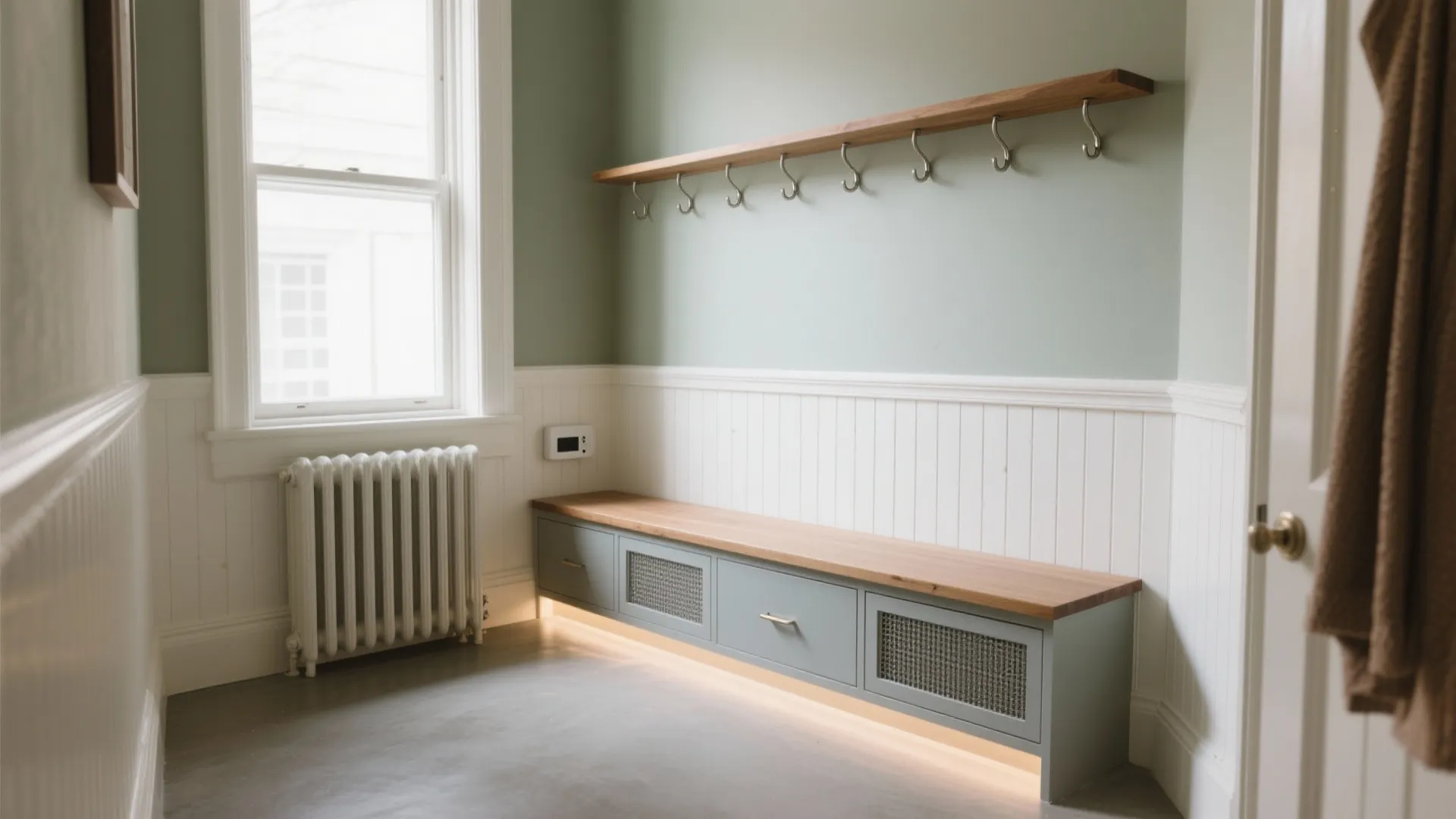 Mudroom with green walls white wall panel wooden bench storage and wall hooks for coats