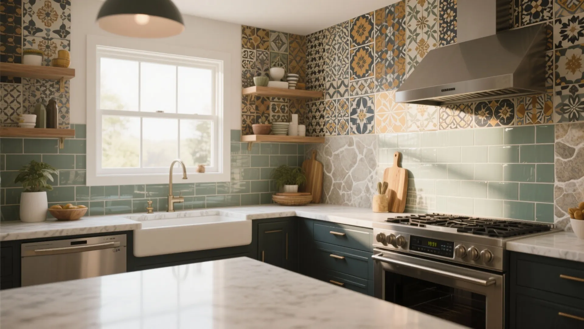 Eclectic kitchen design with mixed tile backsplash dark green cabinets farmhouse sink and wooden open shelves