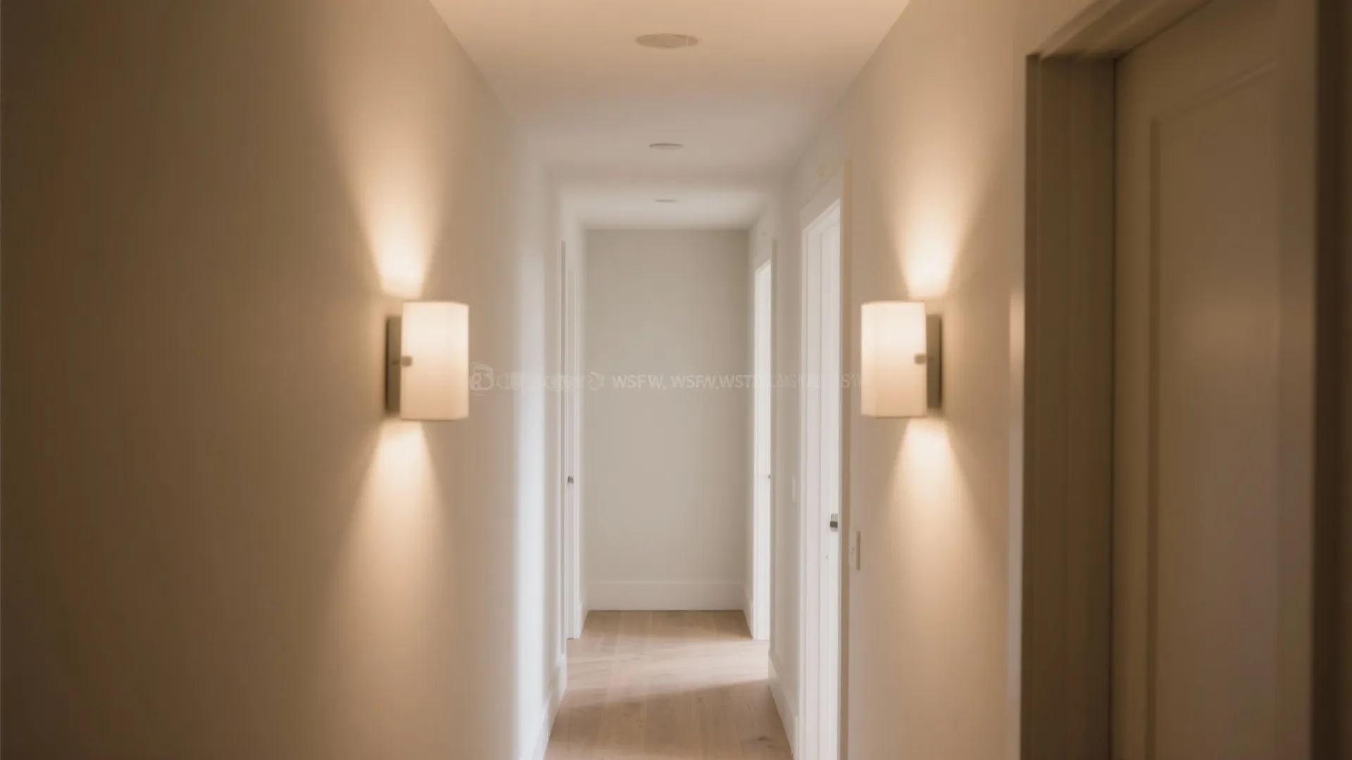 Minimalist white hallway interior with soft wall light fixtures and light wood flooring design layout