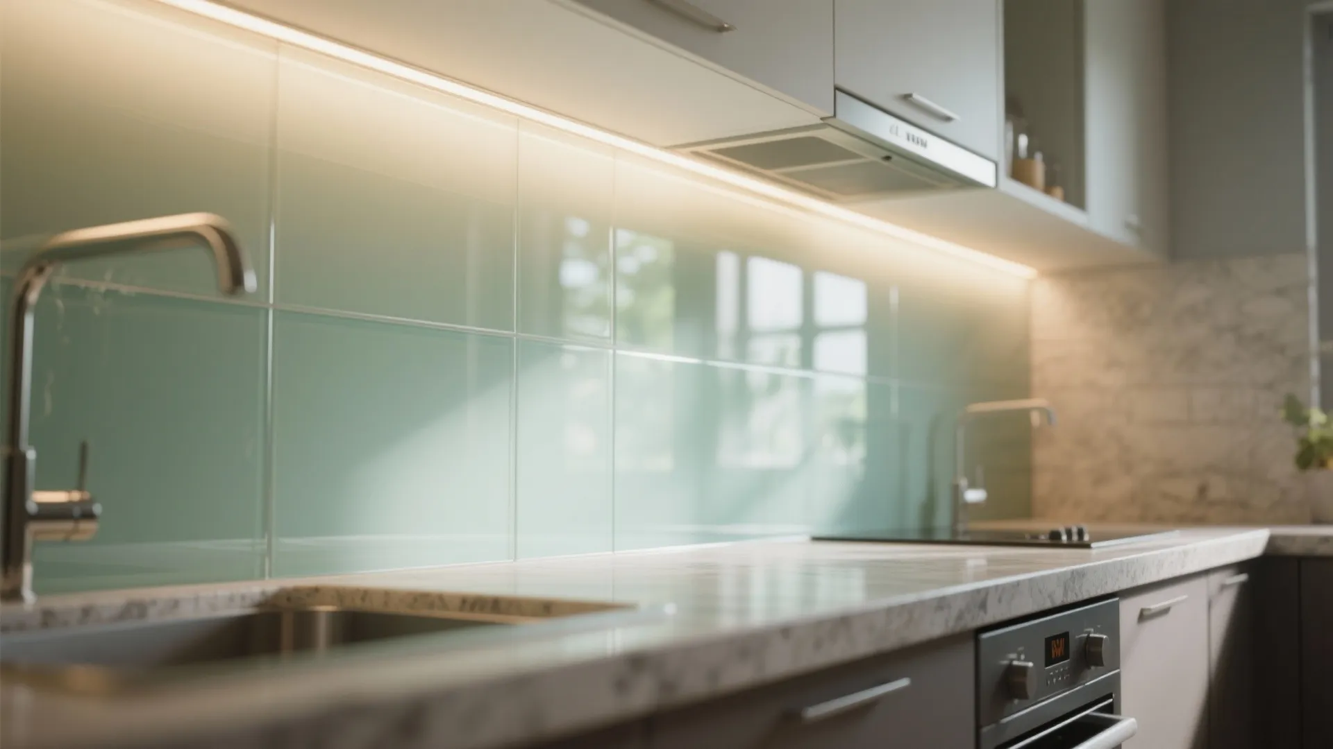 Glass backsplash that opens up the kitchen