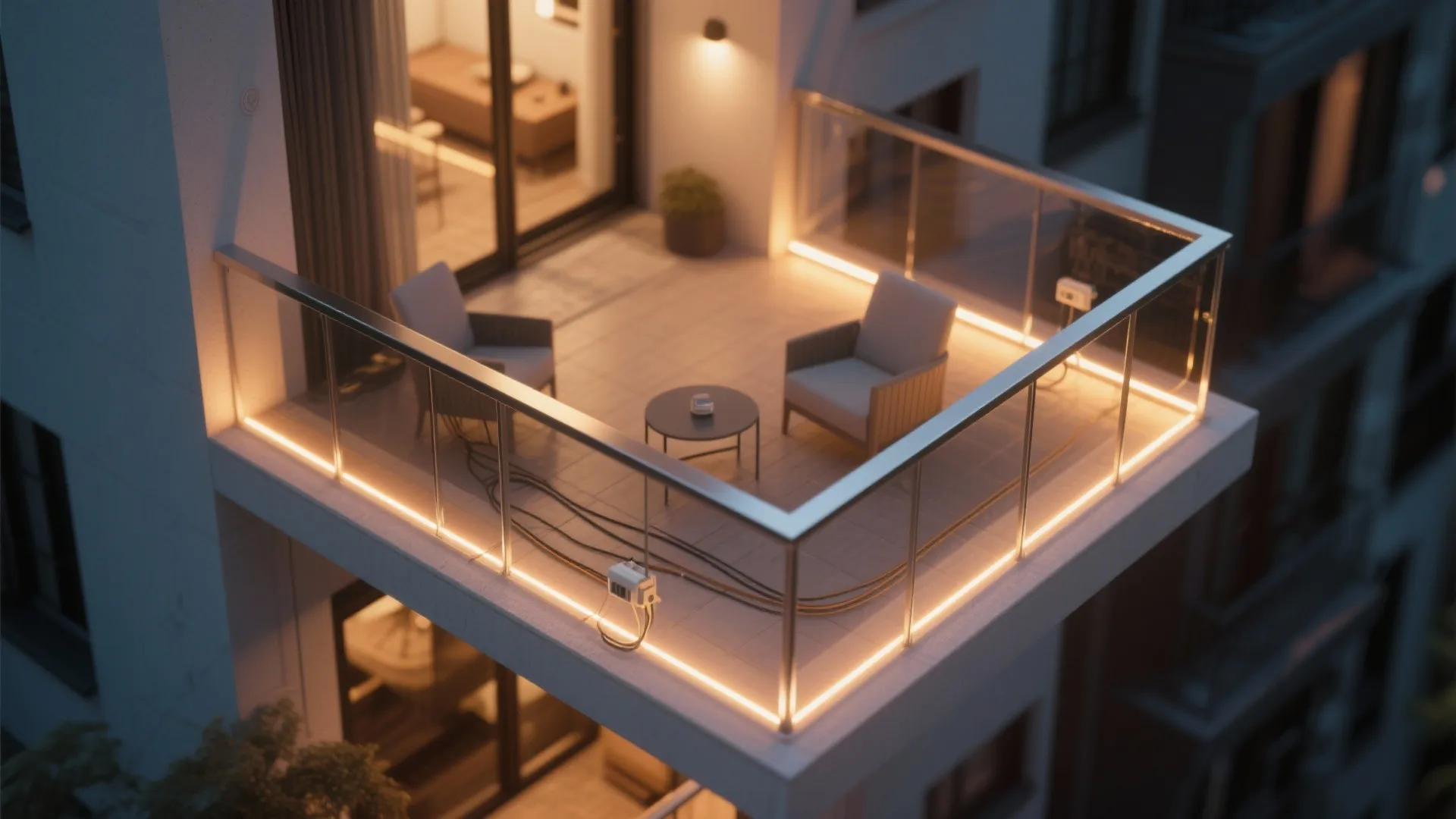 Modern apartment balcony at night with warm led strip lights glowing along the glass railing base