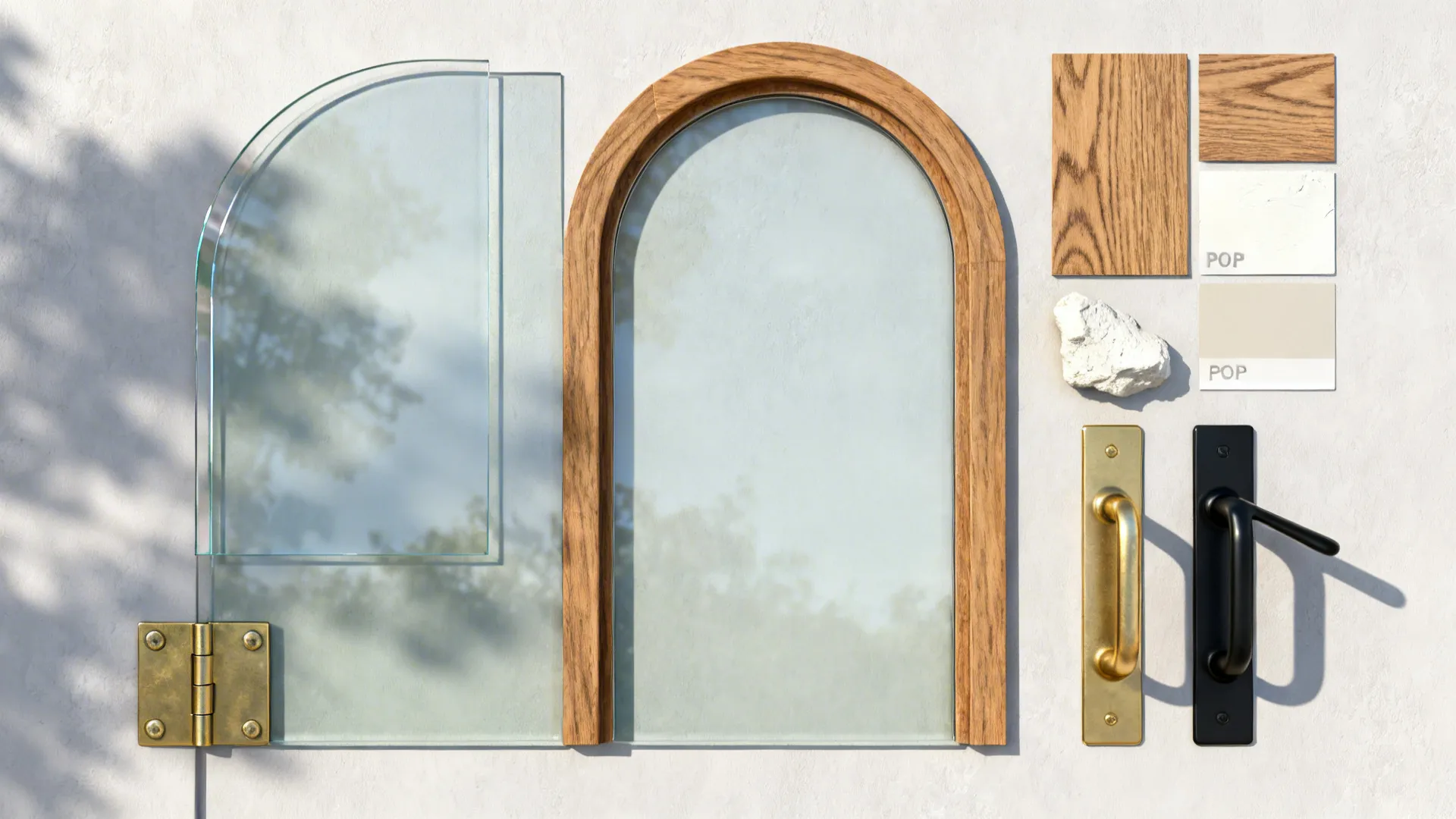 Top-down materials showing low-iron glass, oak trim, POP plaster, and hardware finishes for arched double doors.
