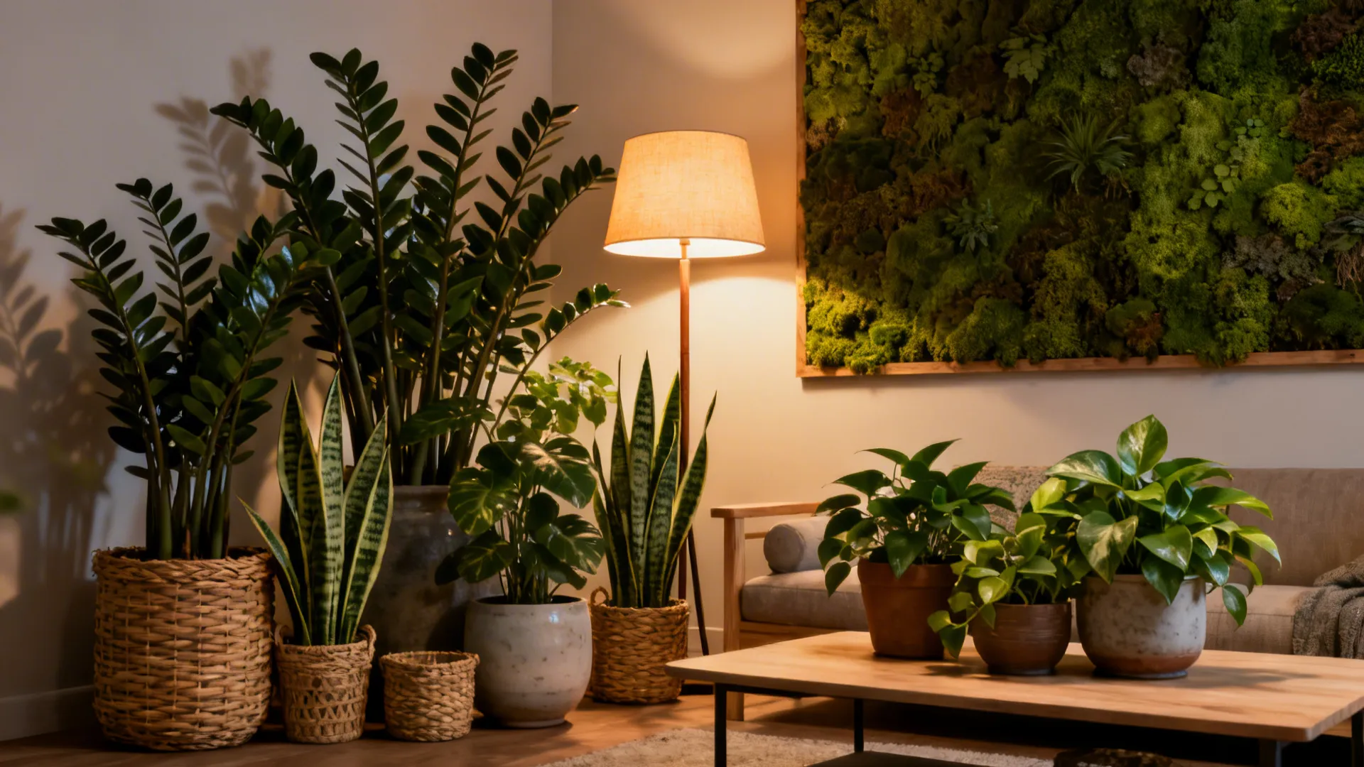 Cluster of low-light plants and a preserved moss panel adding texture in a small living room.