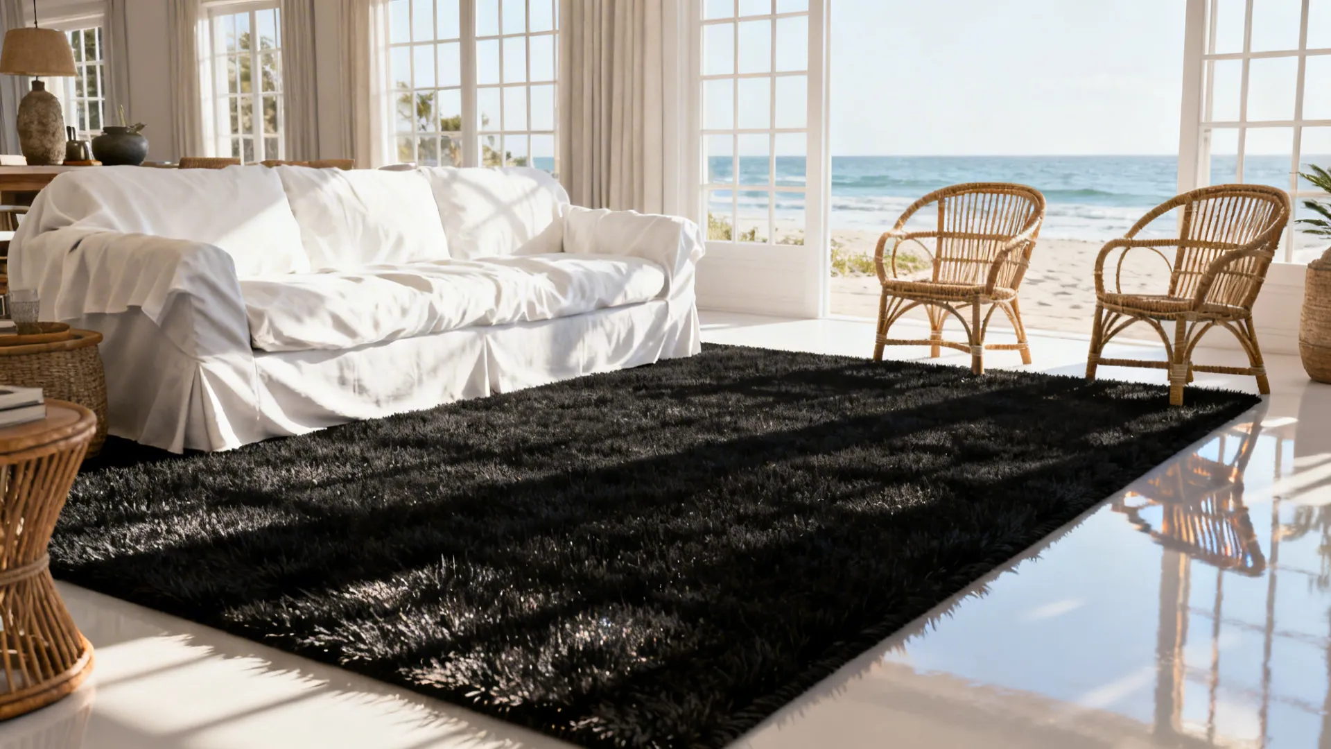 Sunlit coastal living room with a low-pile black rug that reflects subtle sheen beneath rattan chairs