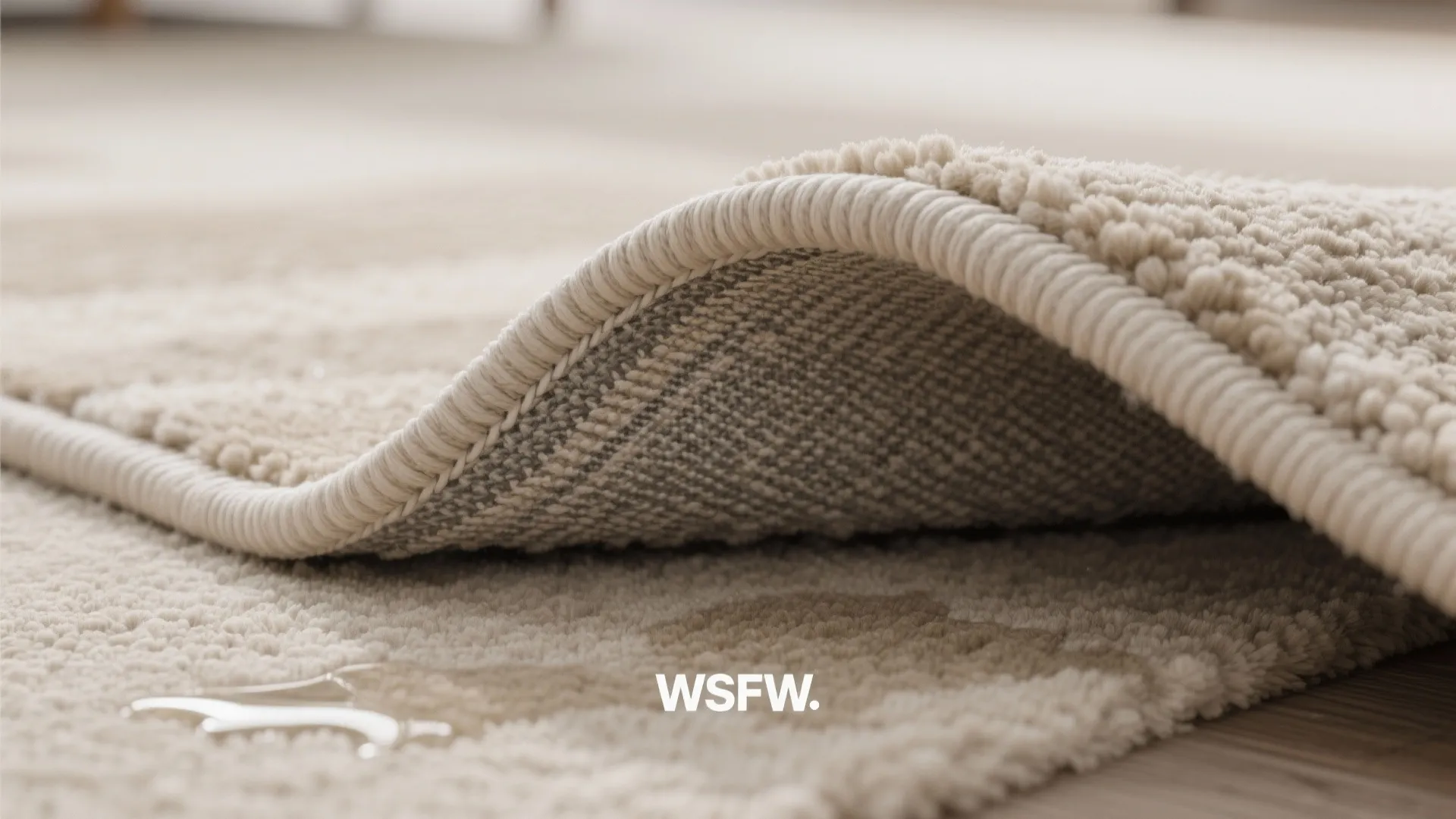 Macro of low-pile performance rug fibers with heathered texture, water beading, edge binding, and a hint of non-slip backing.