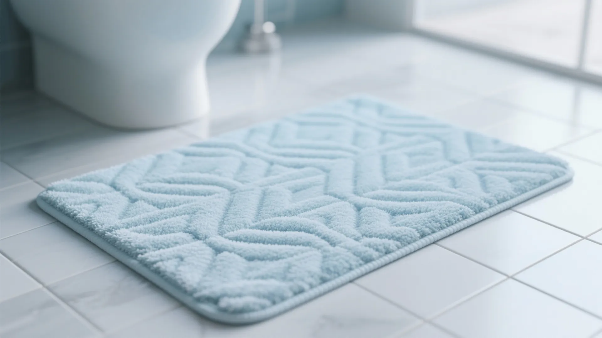 Low-pile pale-blue geometric bathroom mat showing subtle pattern and texture