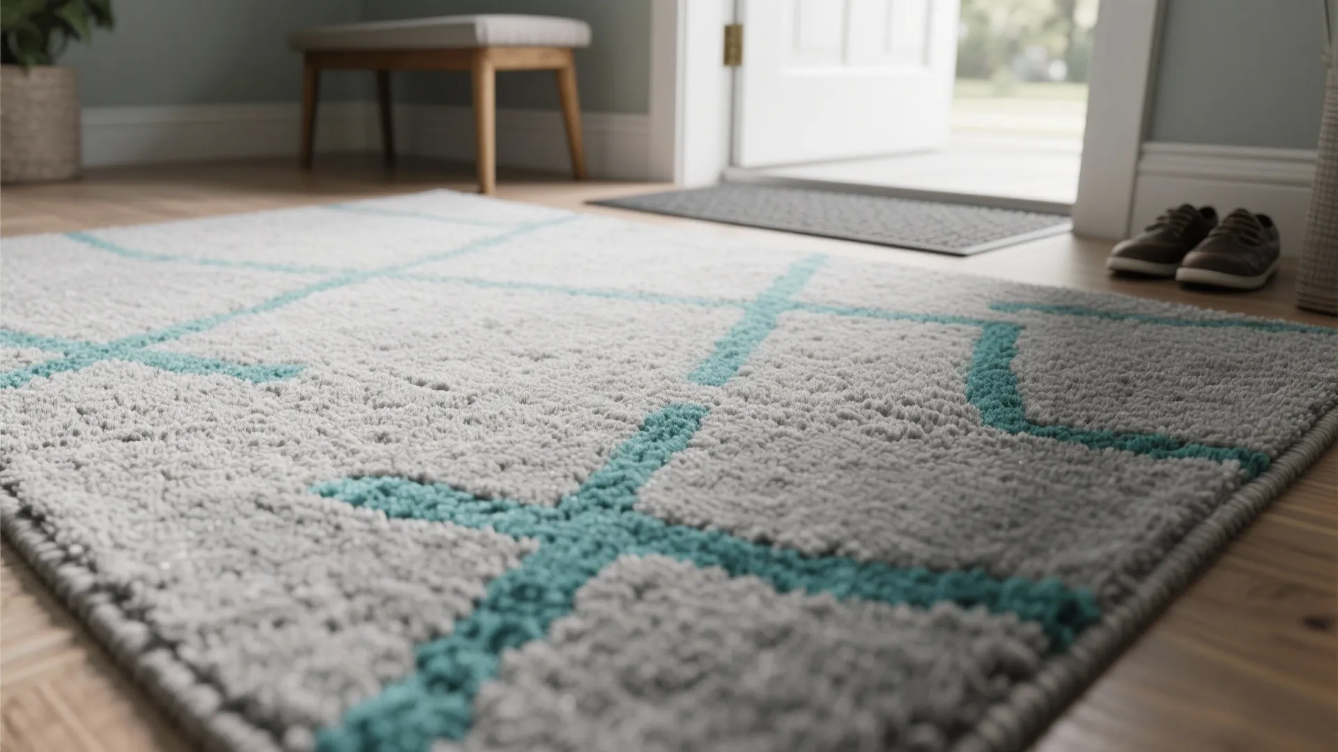 3. Choose a low-pile grey rug with teal accents for high-traffic areas