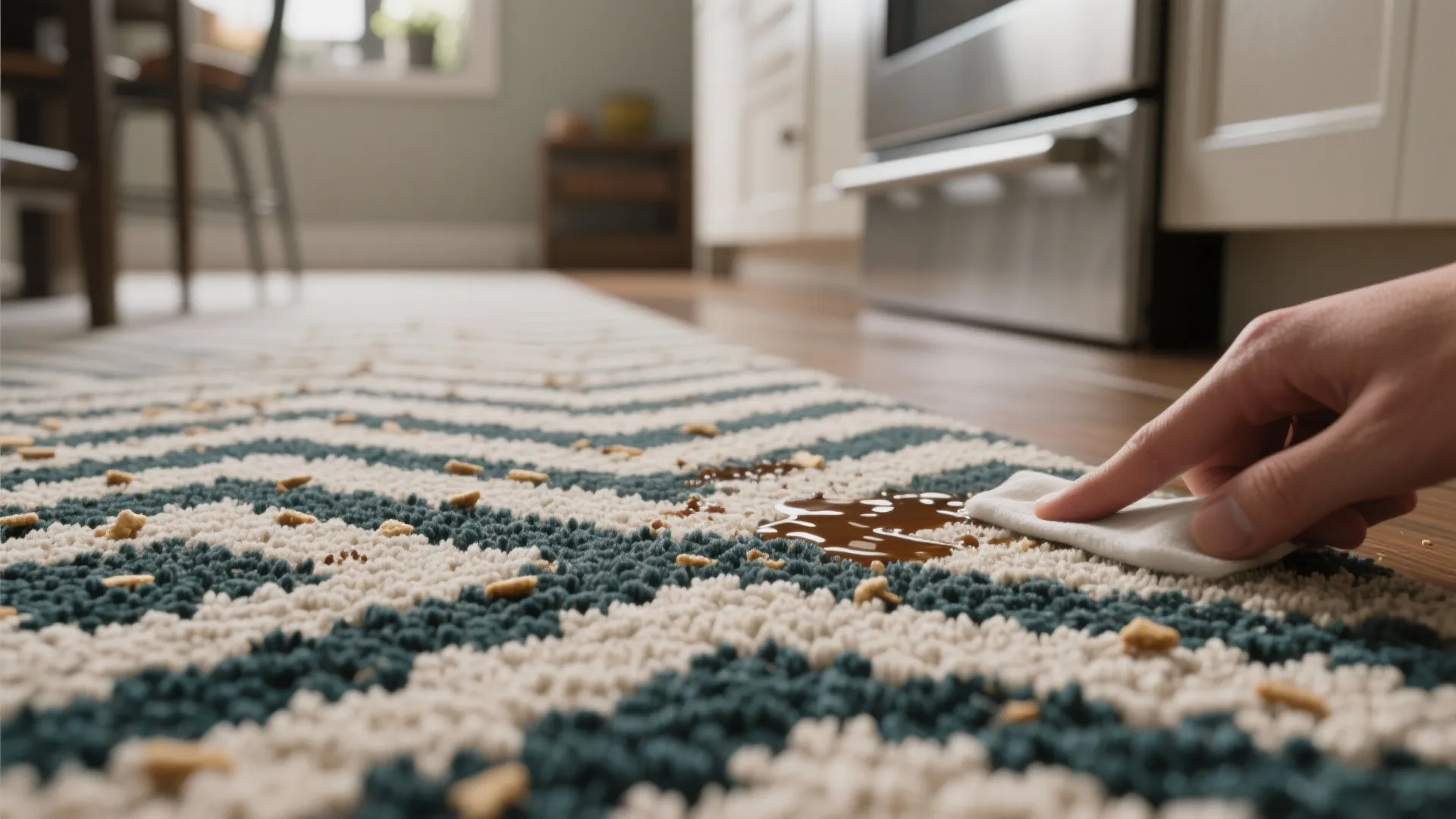 Hand cleaning a dark liquid spill on a blue and white striped rug using cloth