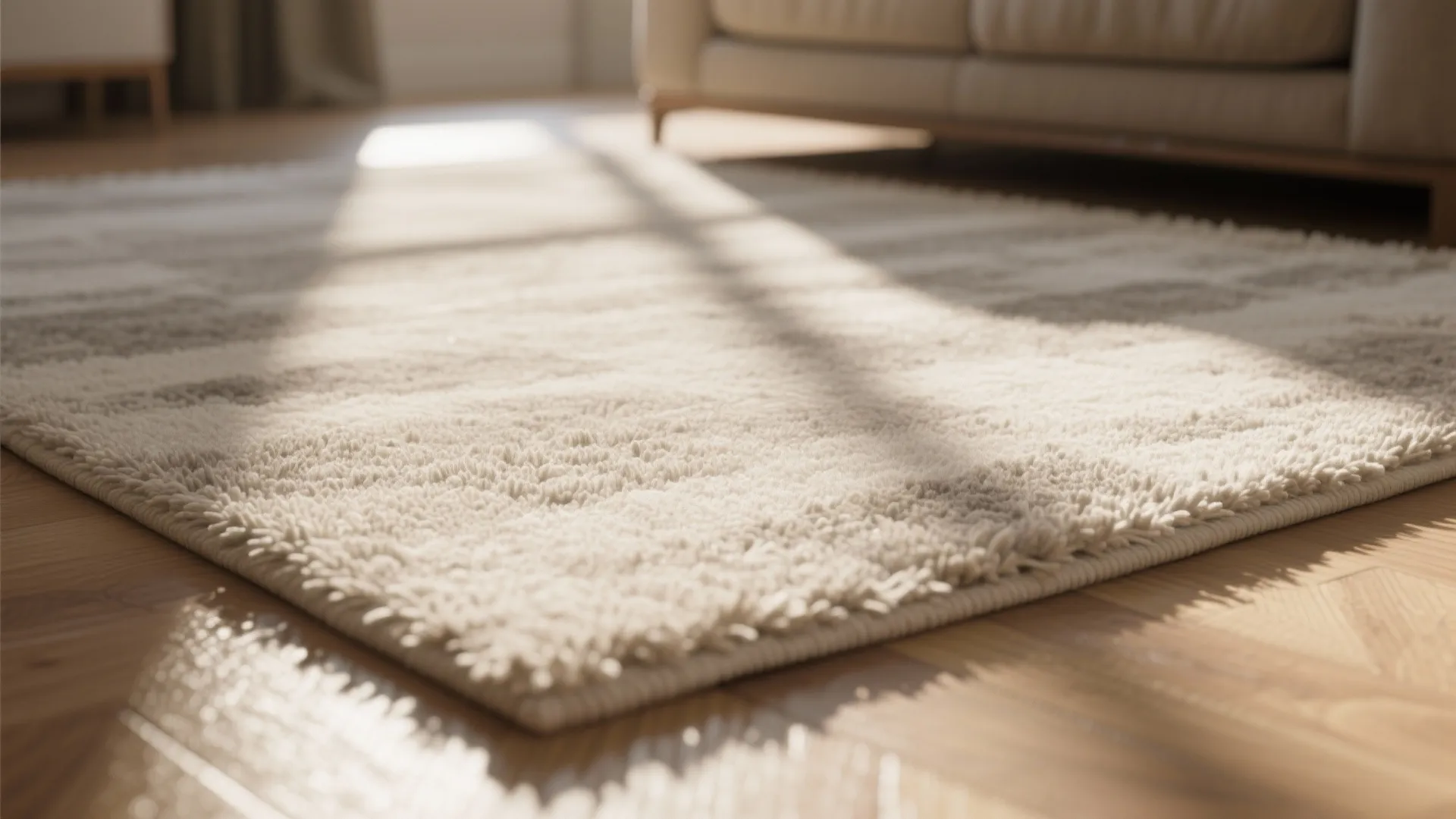 Close-up of a pale low-pile rug reflecting light to make a small room feel larger