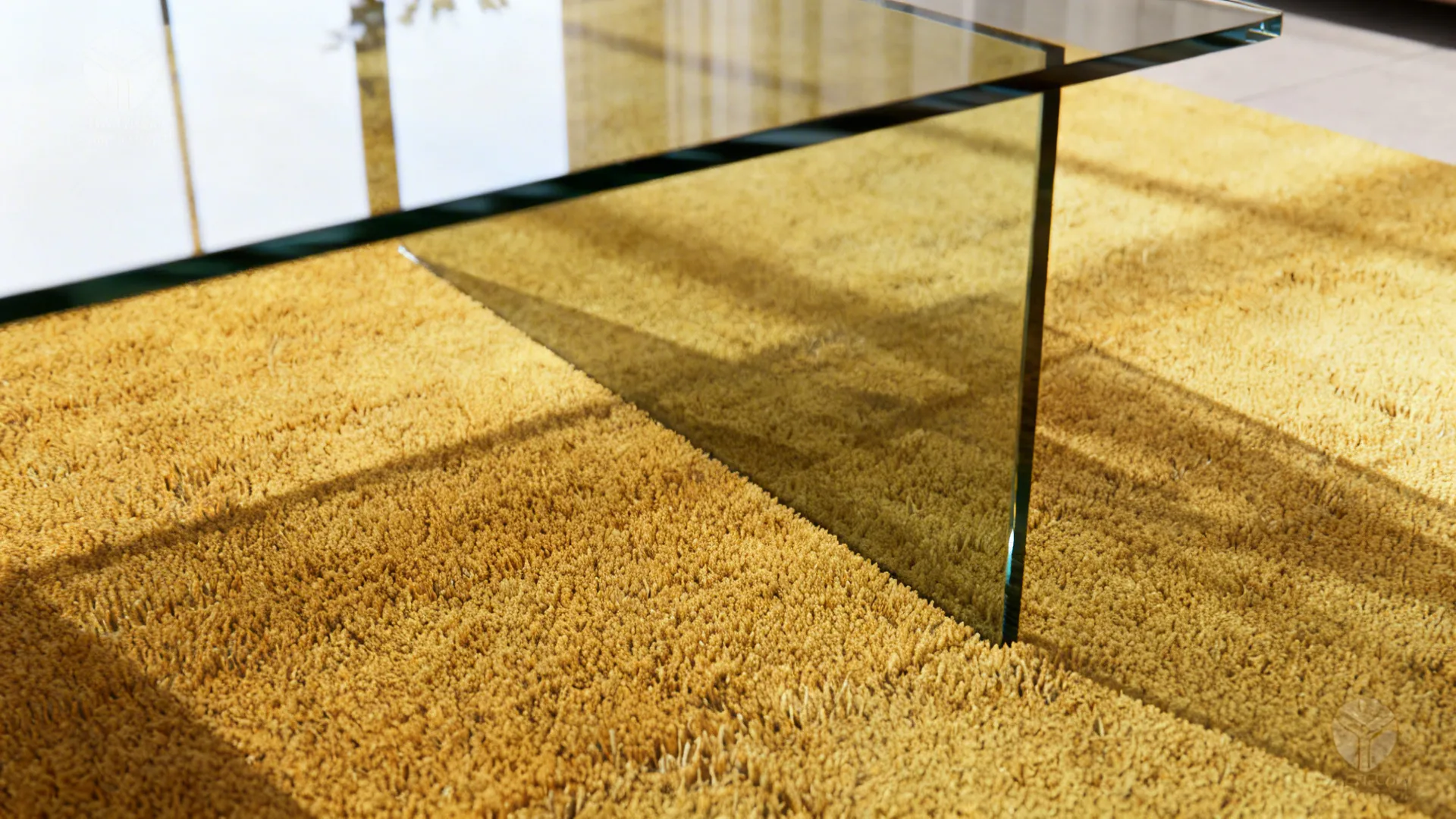 Close up of yellow textured rug placed under a glass coffee table in bright natural light