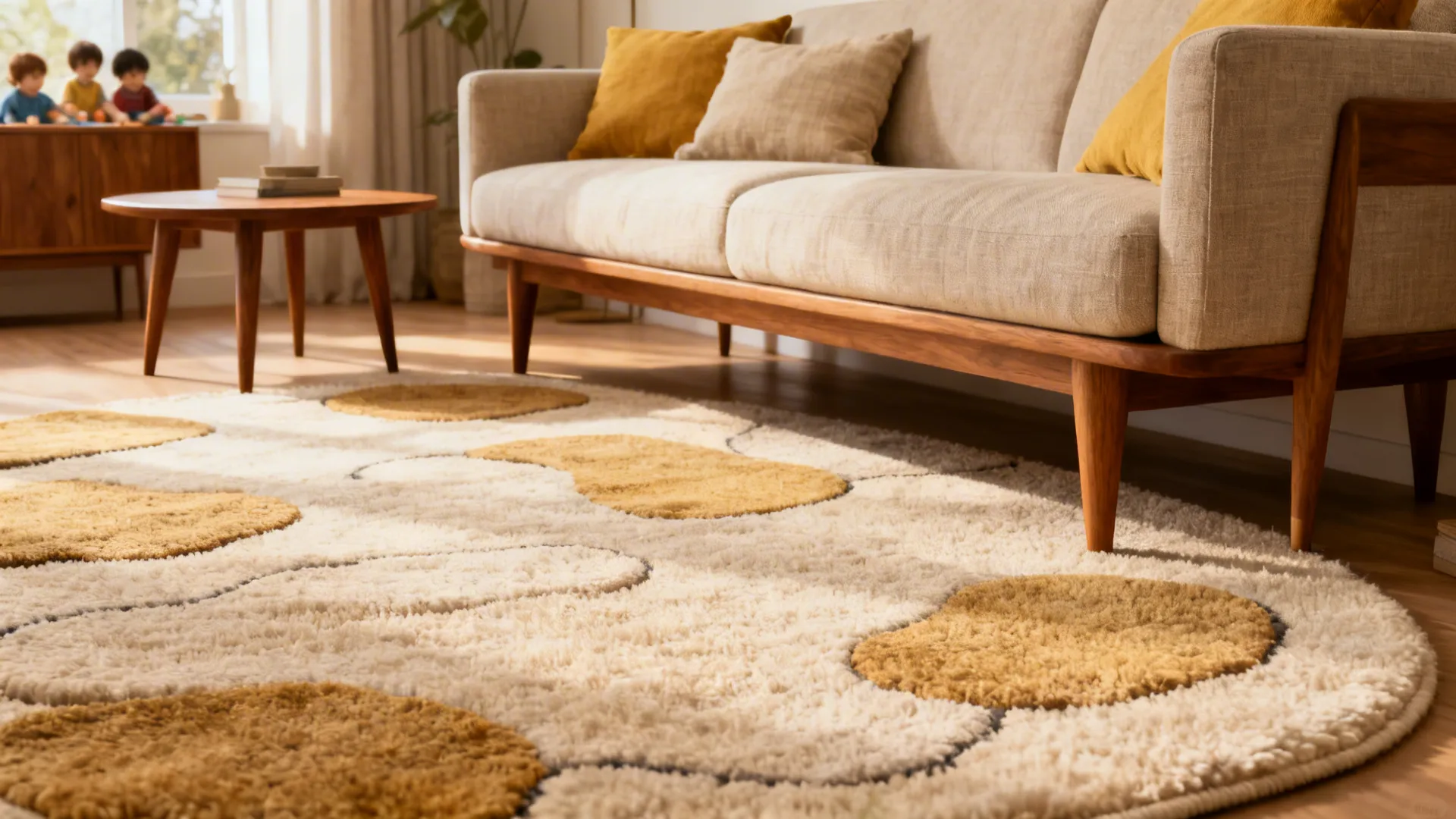 Mid-century living area with a low-pile wool rug featuring organic shapes beneath a tapered-leg sofa.
