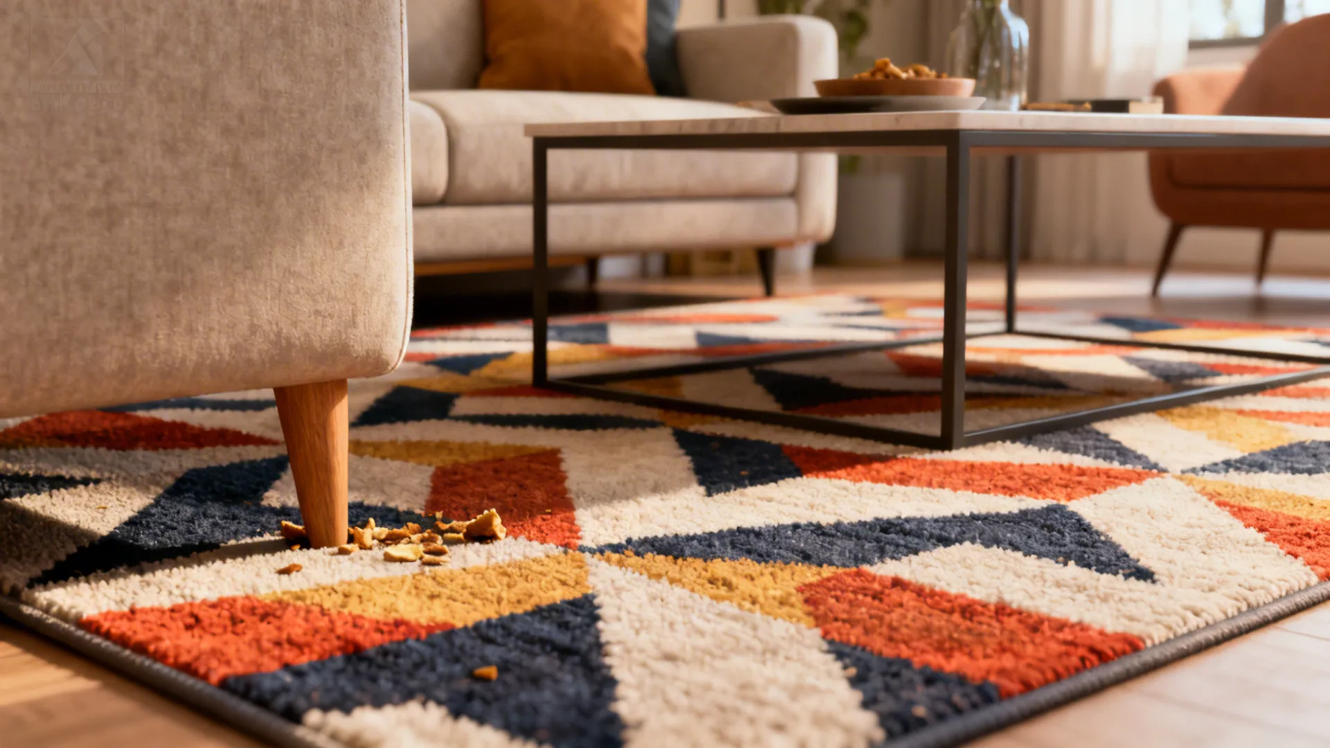 Low-pile polypropylene rug with a bold geometric pattern under a coffee table in a modern living room.