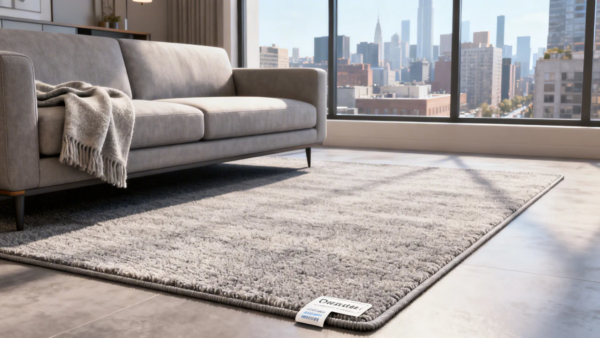 City apartment living area with a low-pile synthetic washable rug and neutral decor.