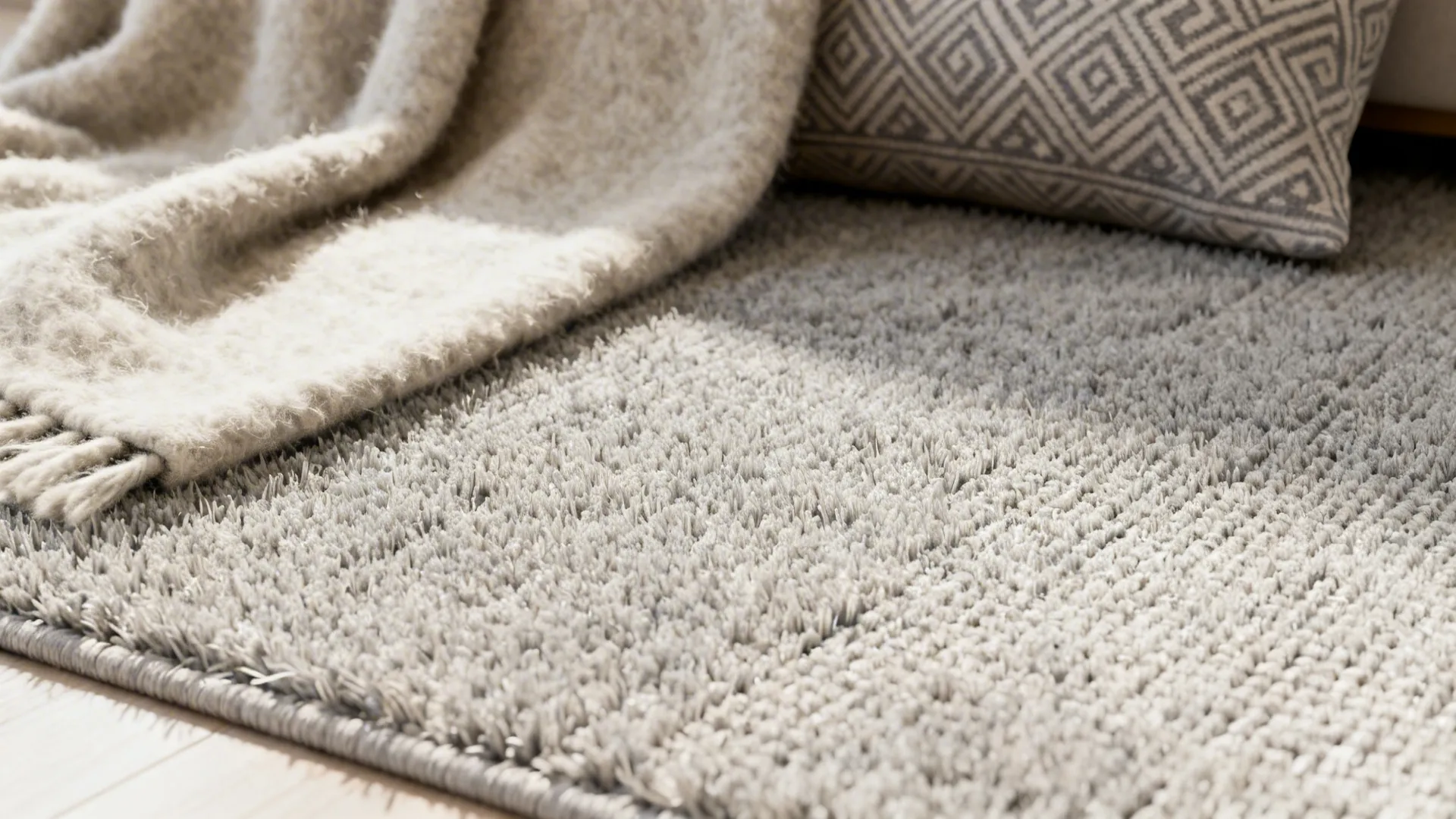 Close up of soft grey rug texture featuring a cozy blanket and patterned pillow with sunlight
