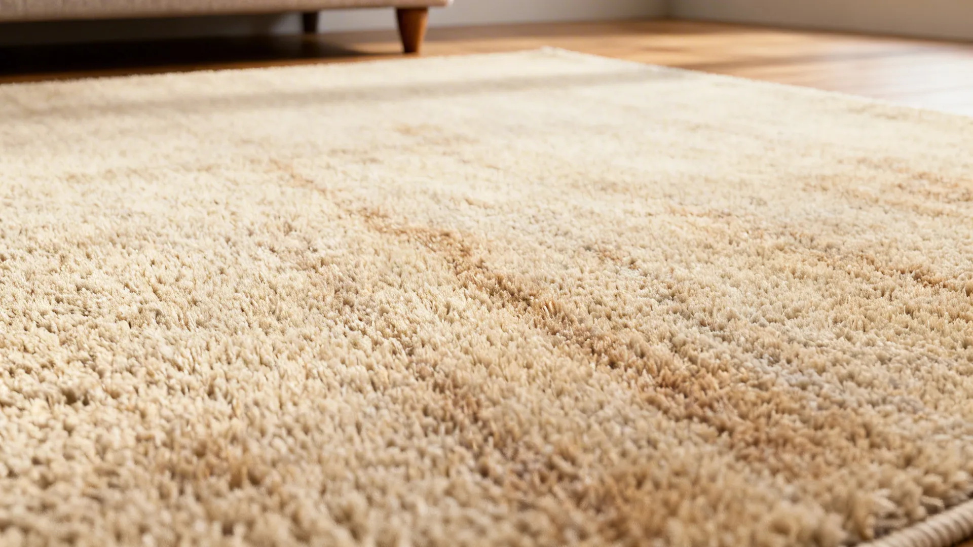 Close-up of warm beige low-pile wool rug texture with subtle mottling
