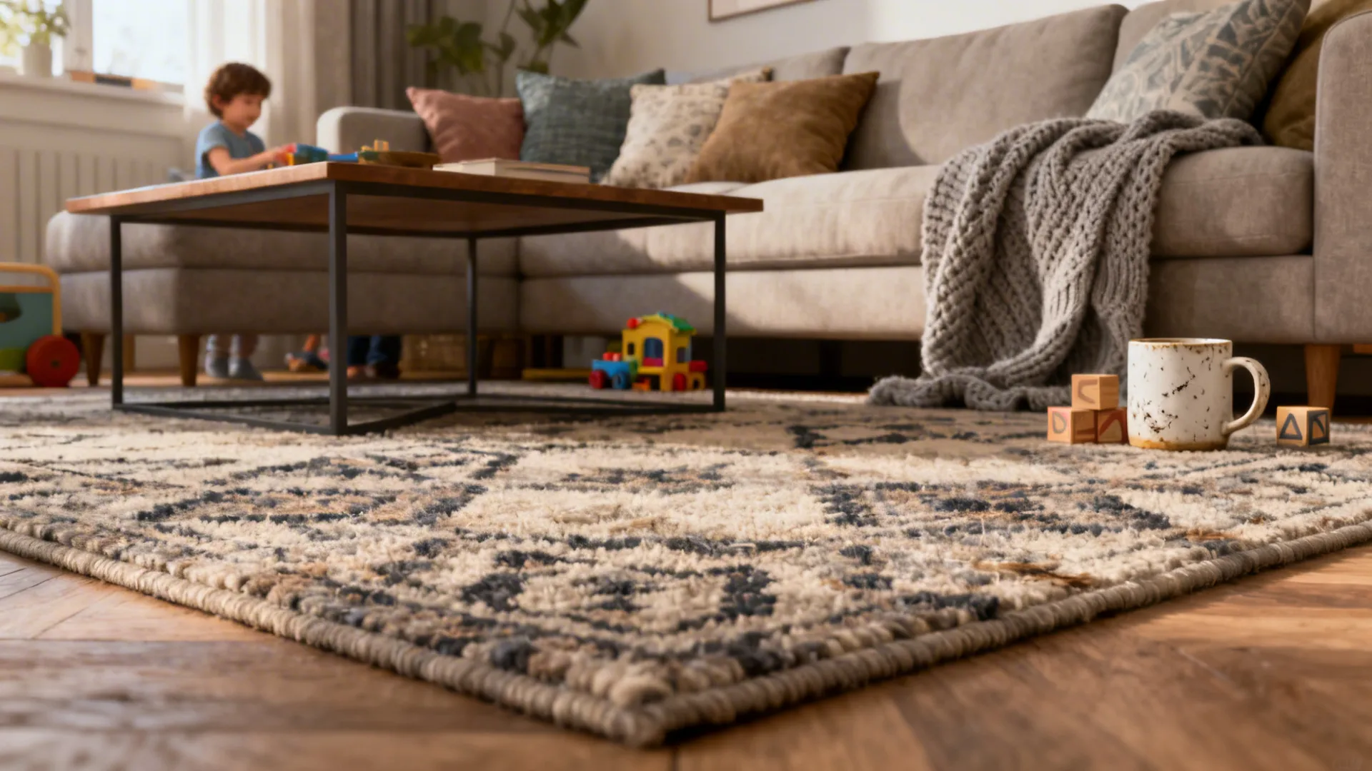 Family living room with a low-pile patterned wool rug showing durability and stain-hiding properties.
