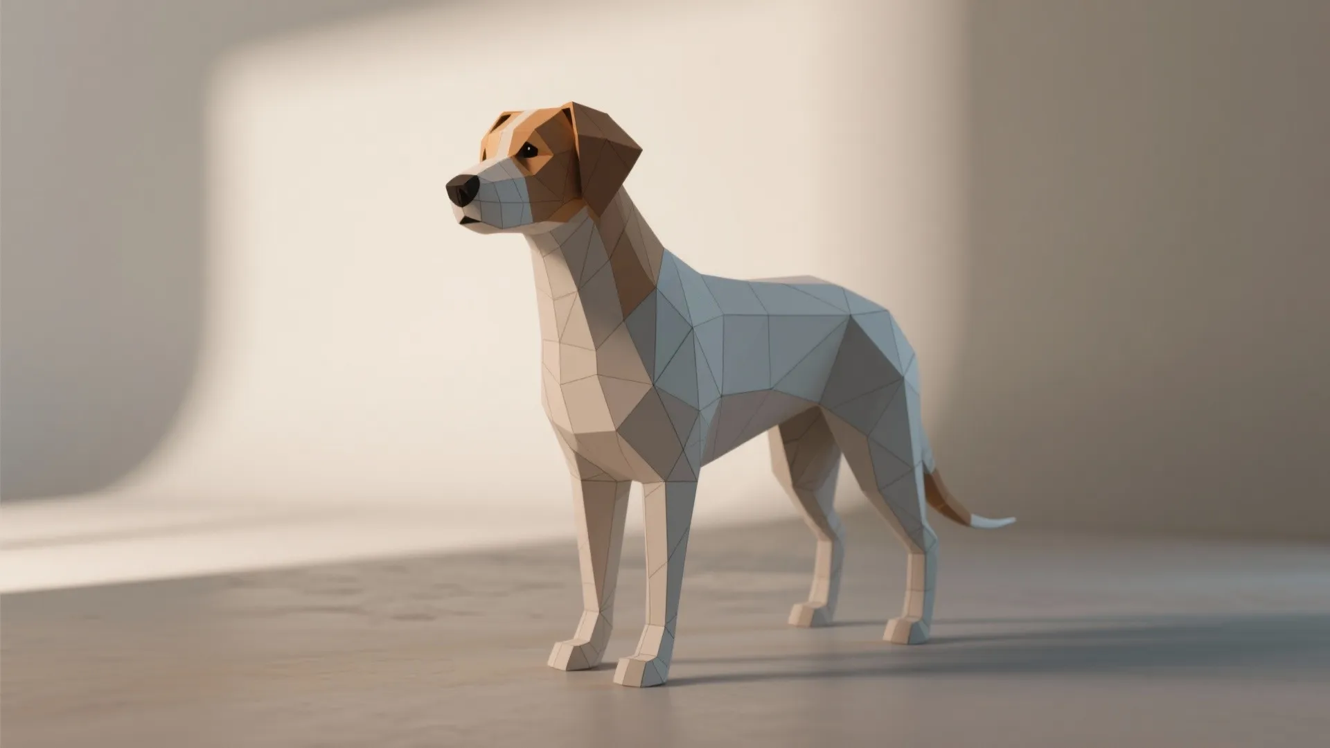 Simple dog shape in brown and white standing on a grey floor with soft shadows