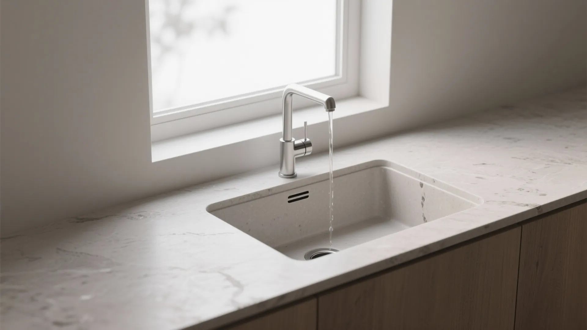 3. Low-profile deck-mounted faucet with filtered water tap