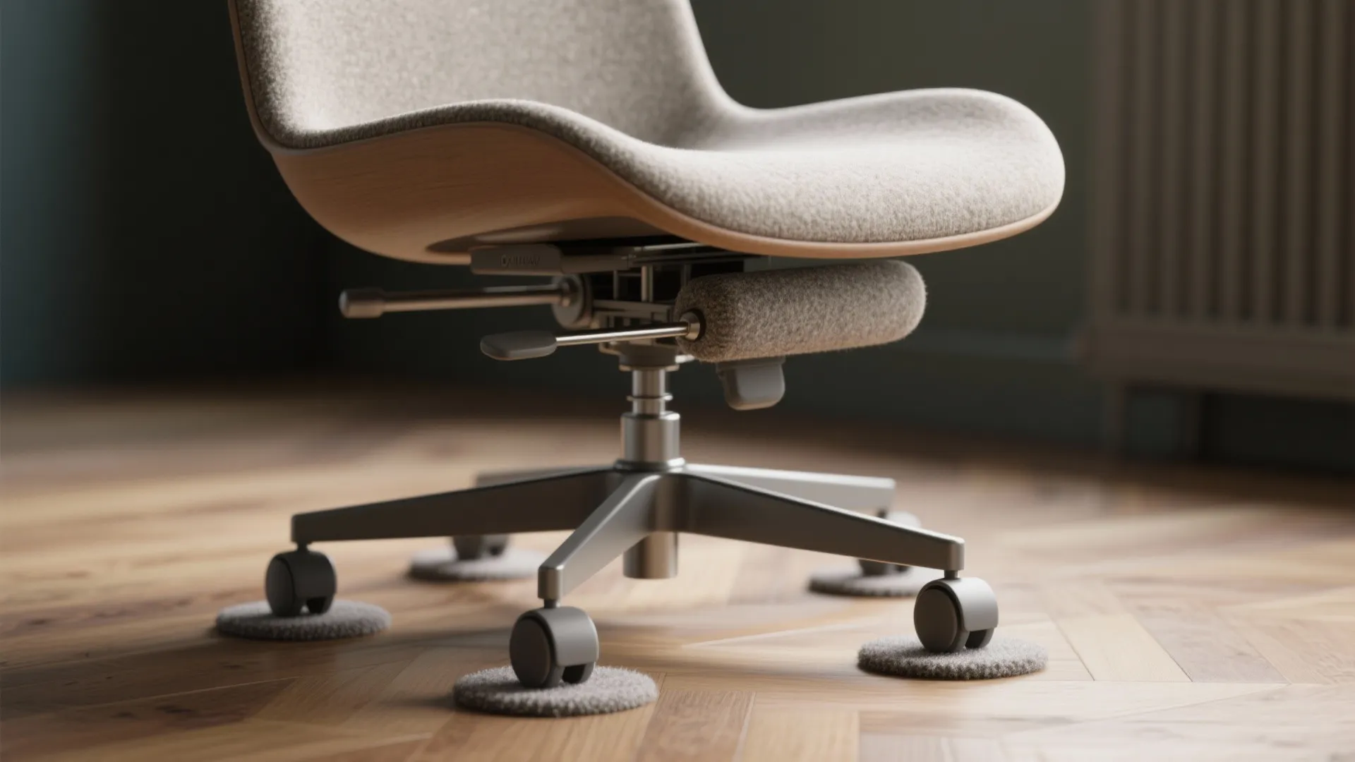 Office chair wheels resting on small round grey floor protectors over a natural wooden floor