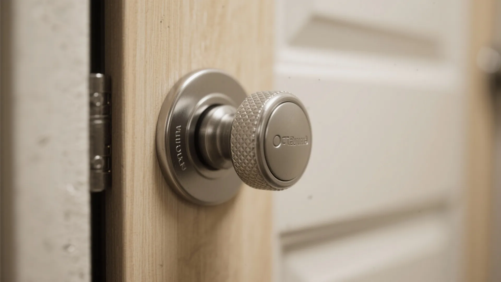 Macro view of a low-profile rotating knob with textured edge on an RV door