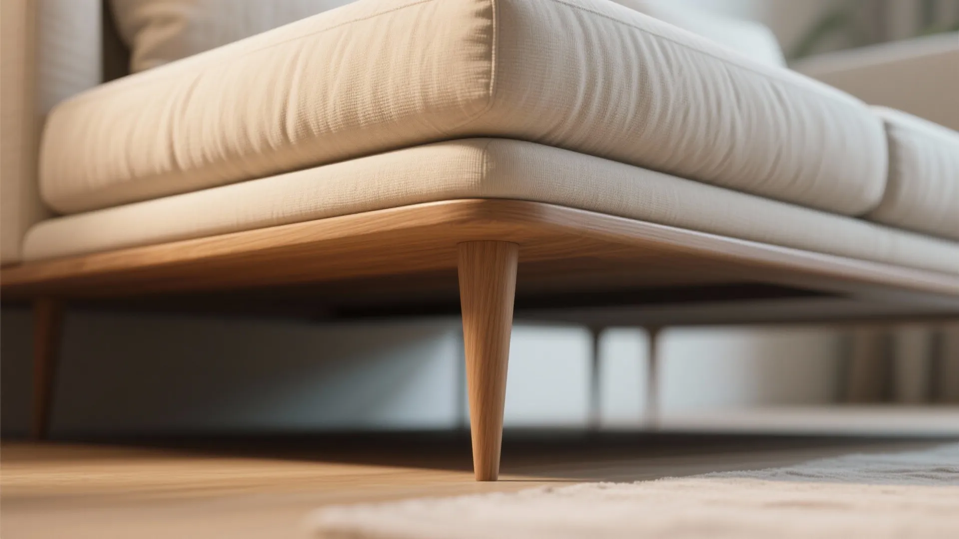 Close up of a cream fabric sofa with slim wooden legs on a light floor