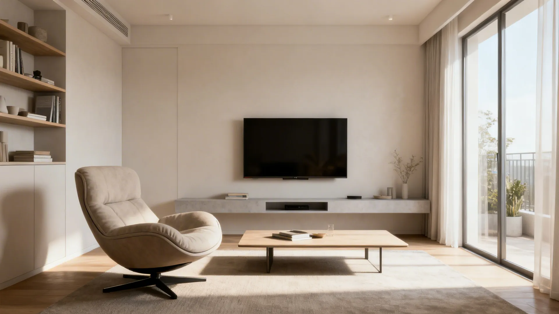 Low-profile lounge swivel chair in an airy small living room with floating shelves