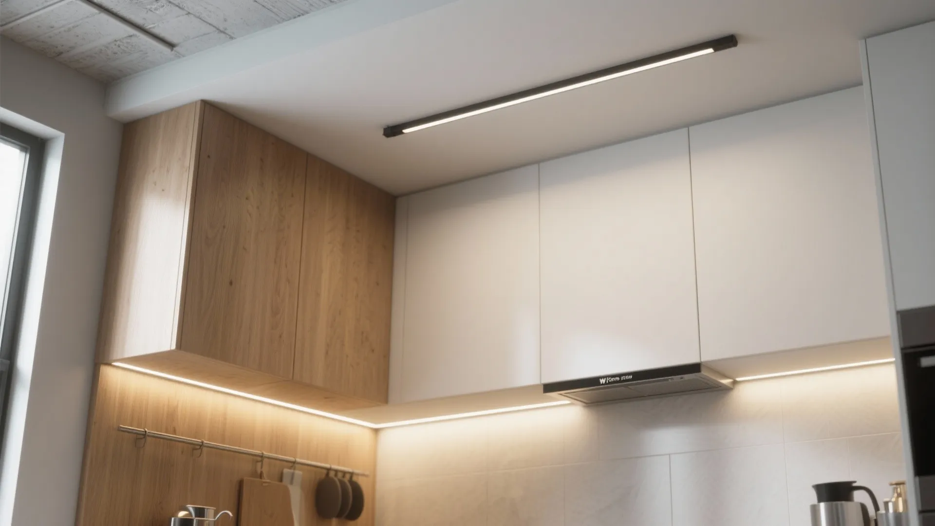 Modern kitchen with wood cabinets, white cabinets, black ceiling light, and warm under cabinet lighting