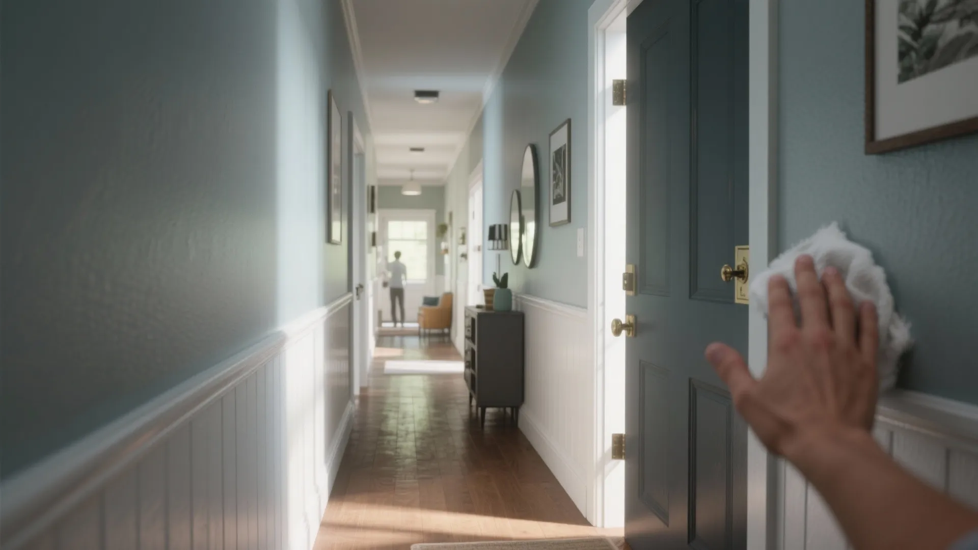 A hand cleaning a dark blue door in a long hallway with blue wall paint