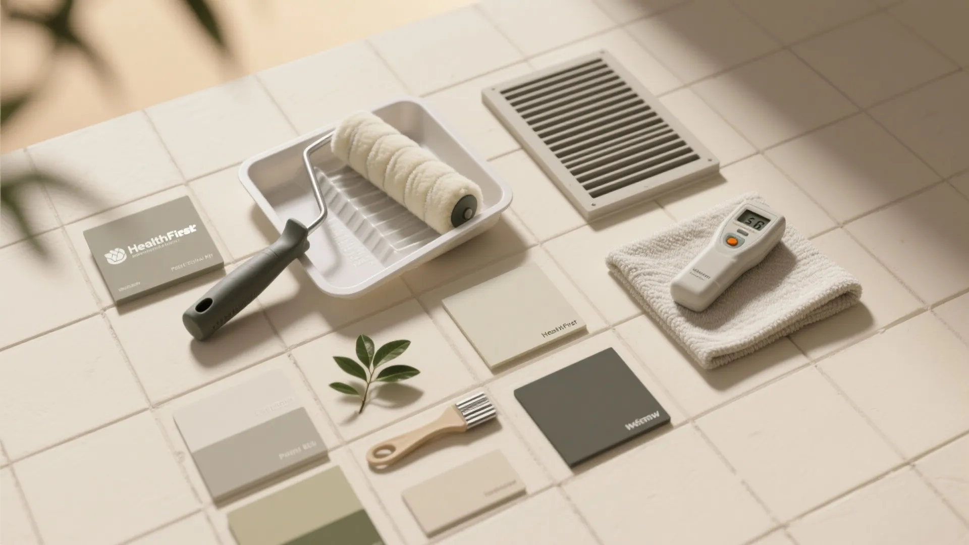Home painting tools including a roller tray brush color samples and digital meter on tiled floor