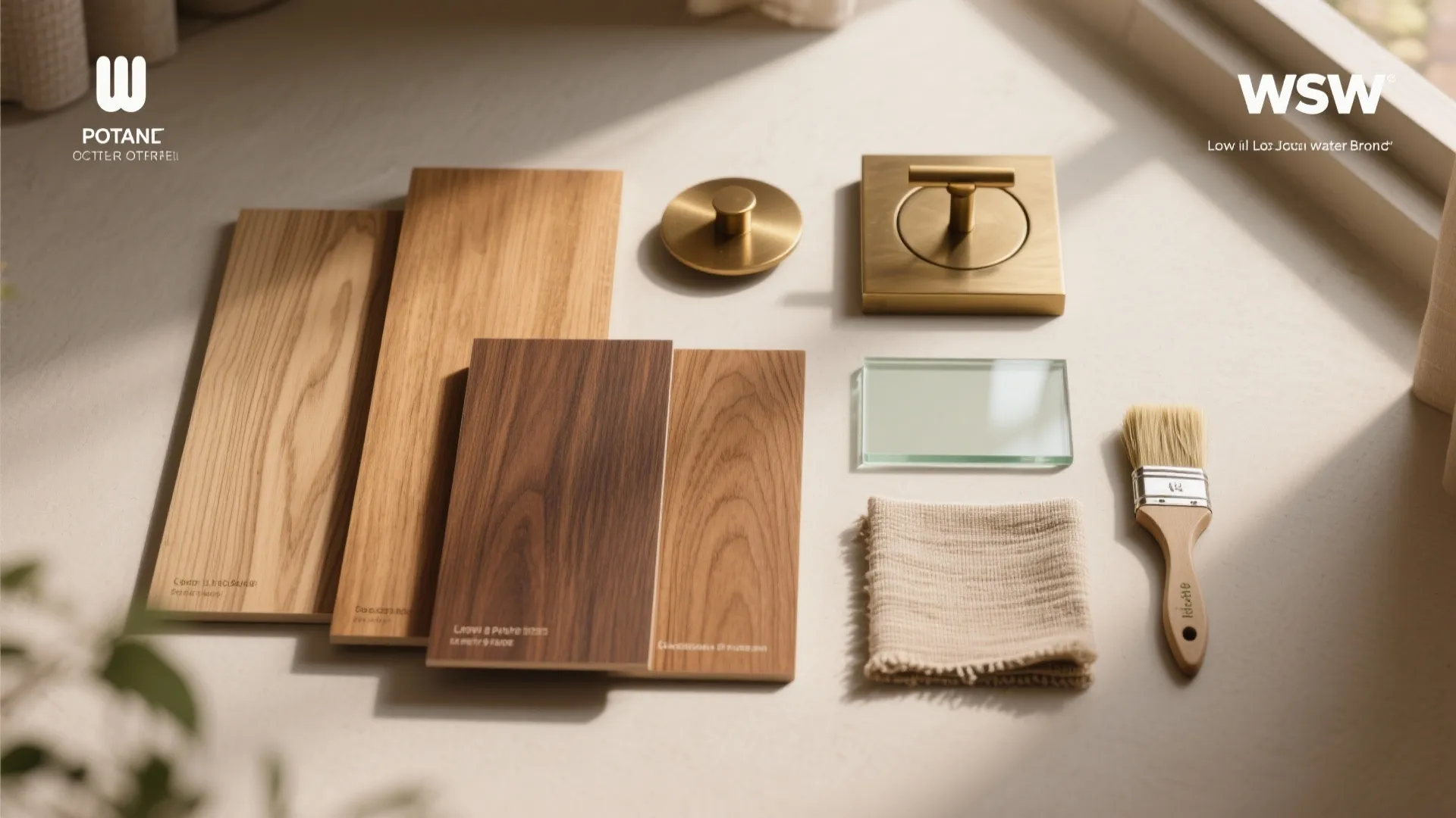 Flat lay showing wood samples gold hardware glass piece fabric cloth and a small paintbrush