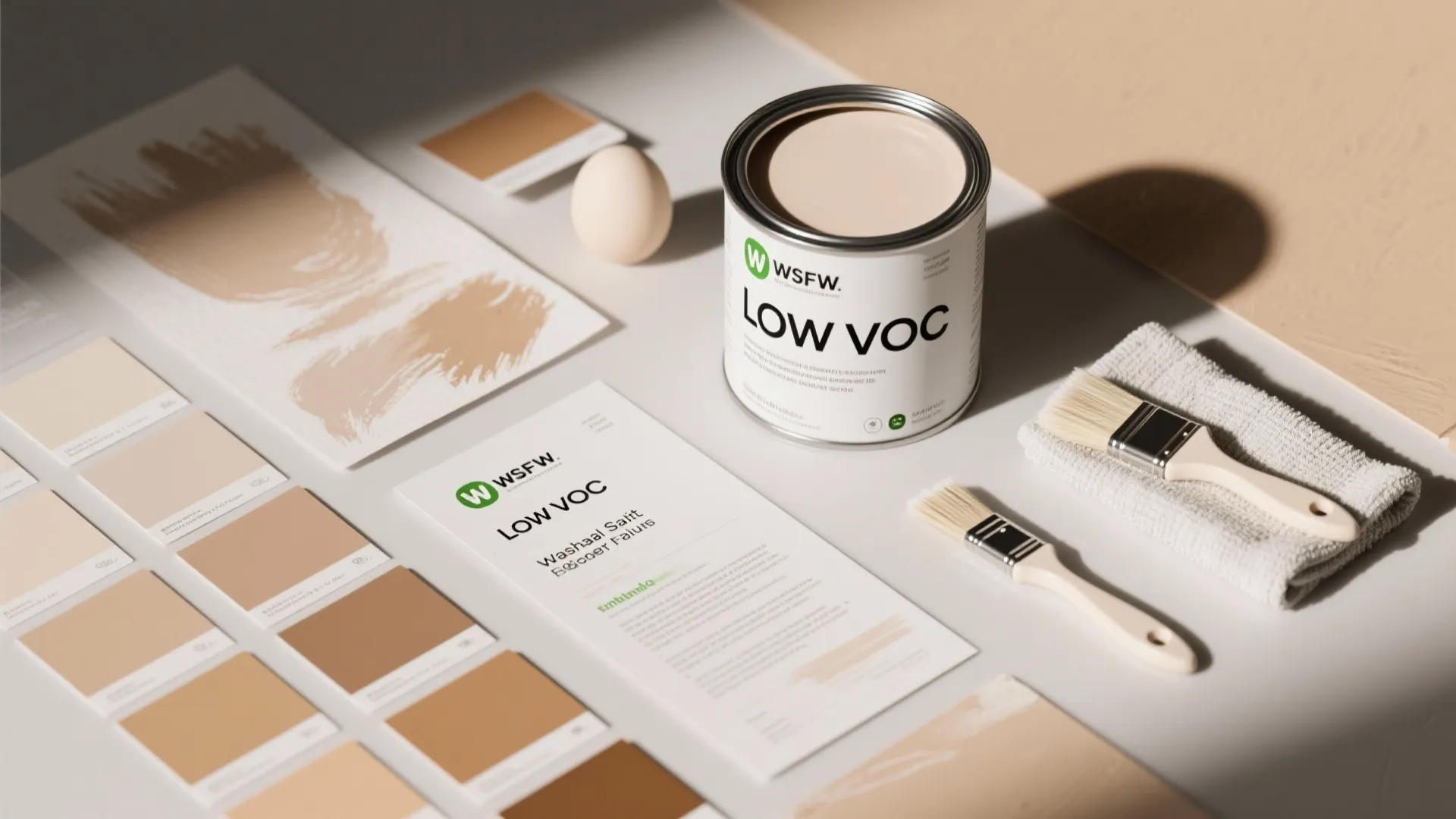 Flat lay of paint can paint brushes color swatches and paint samples on a white table