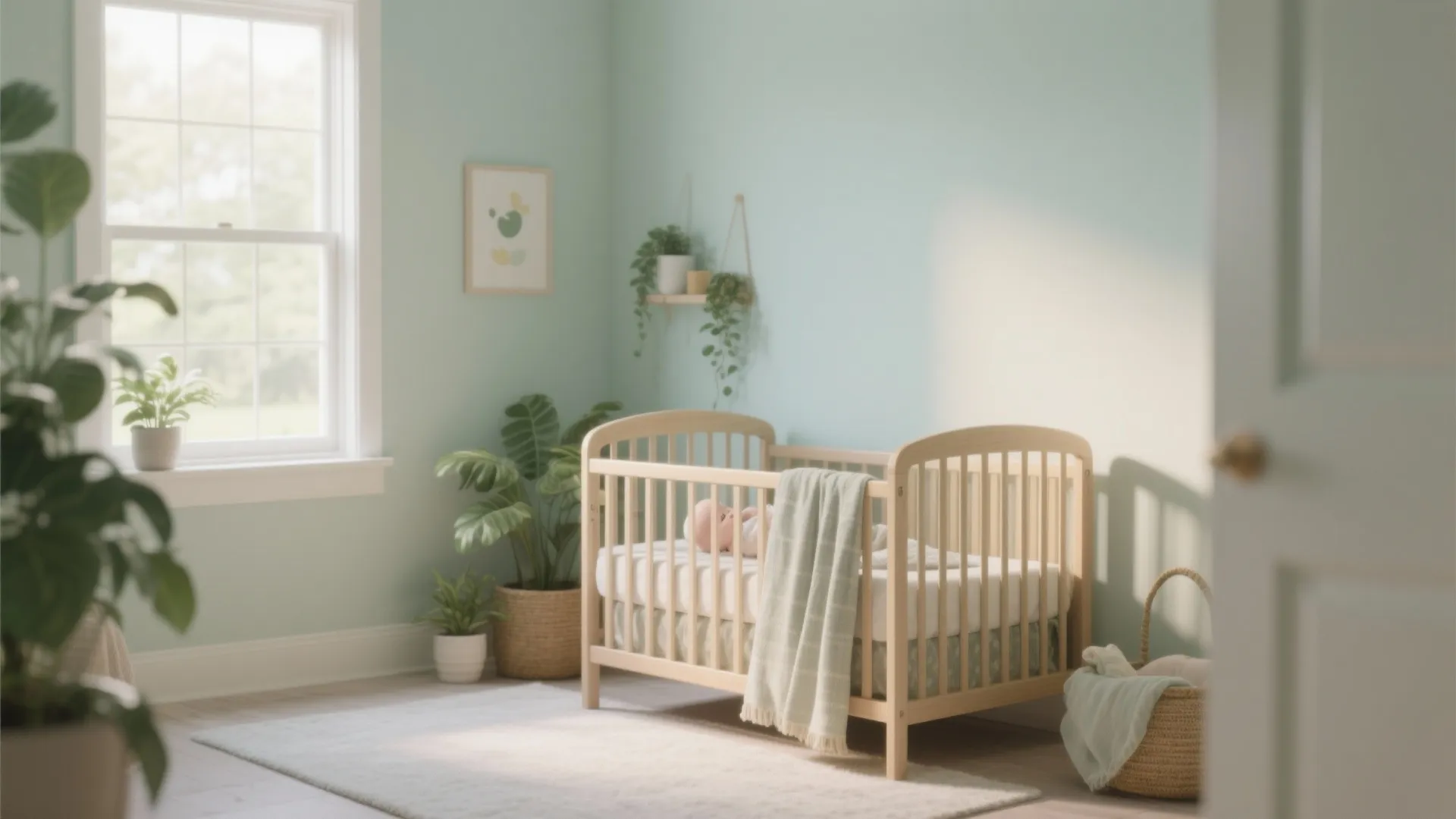 Green baby nursery with wooden crib, indoor plants, soft white rug, and bright natural sunlight