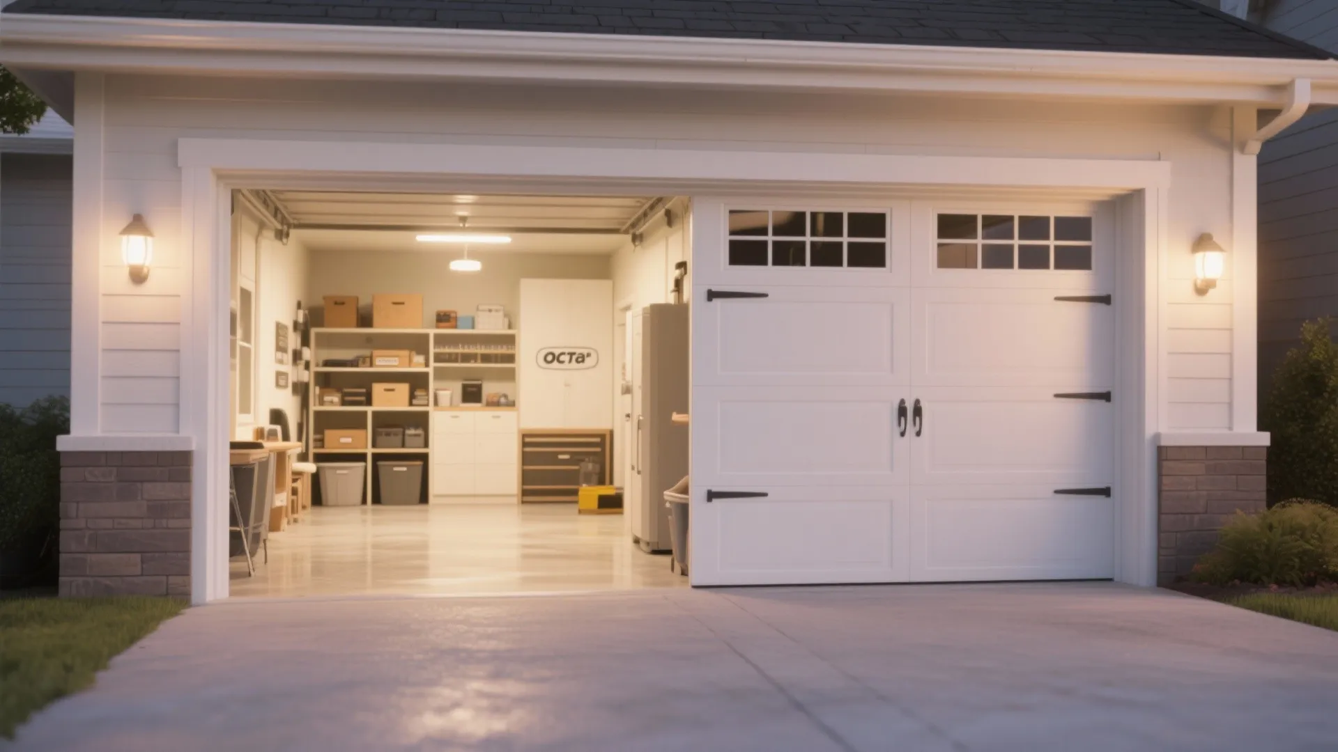 Well-lit organized garage with white door open showing shelves cabinets workbench and clean interior design