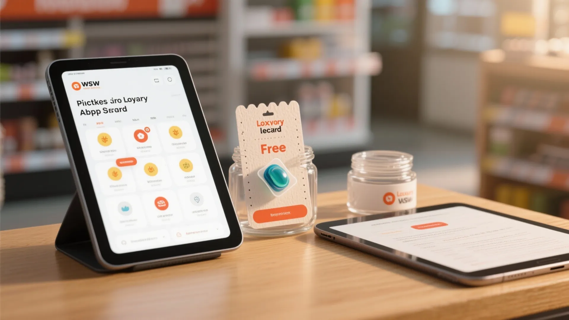 Two tablets on a wooden counter showing loyalty program app interface with small retail products