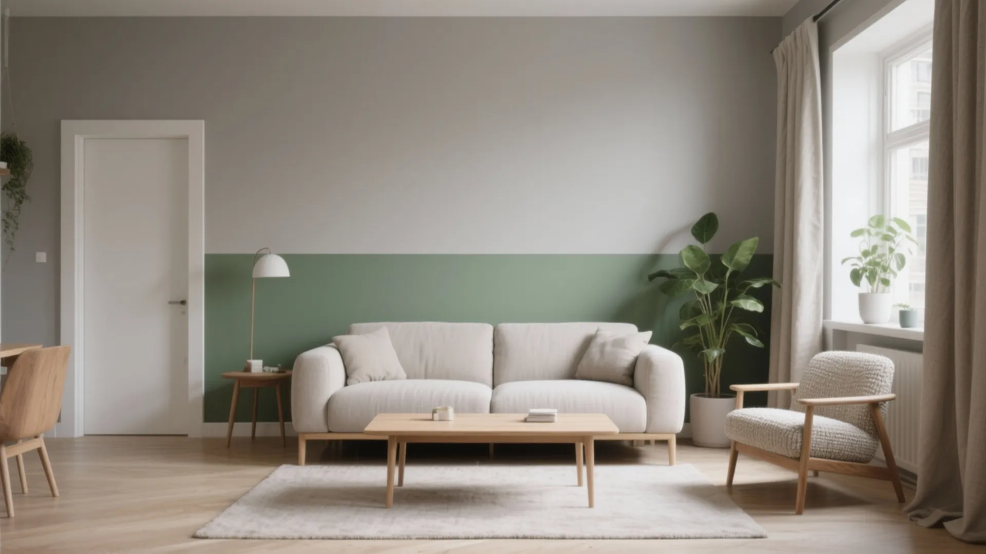 Modern living room with green and grey walls beige sofa wooden table and potted green plants