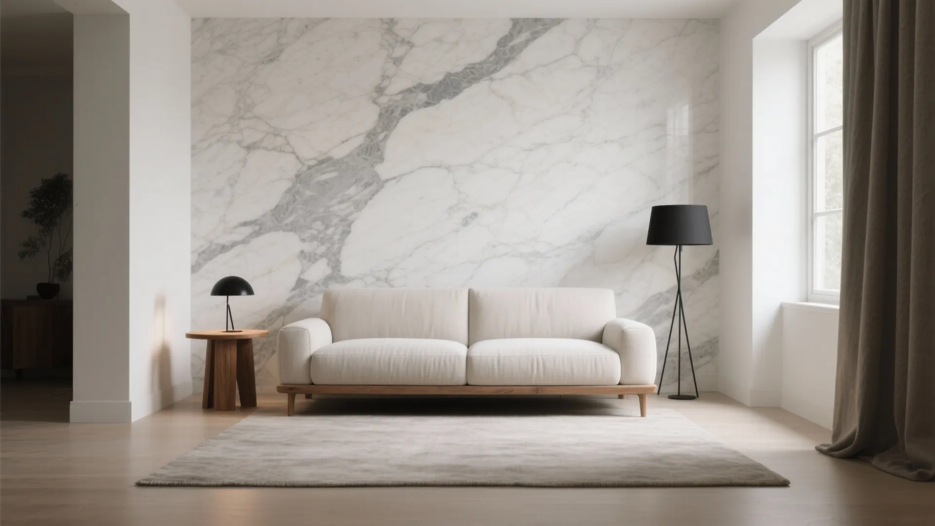 Minimalist Marble Accent Wall in the Living Room