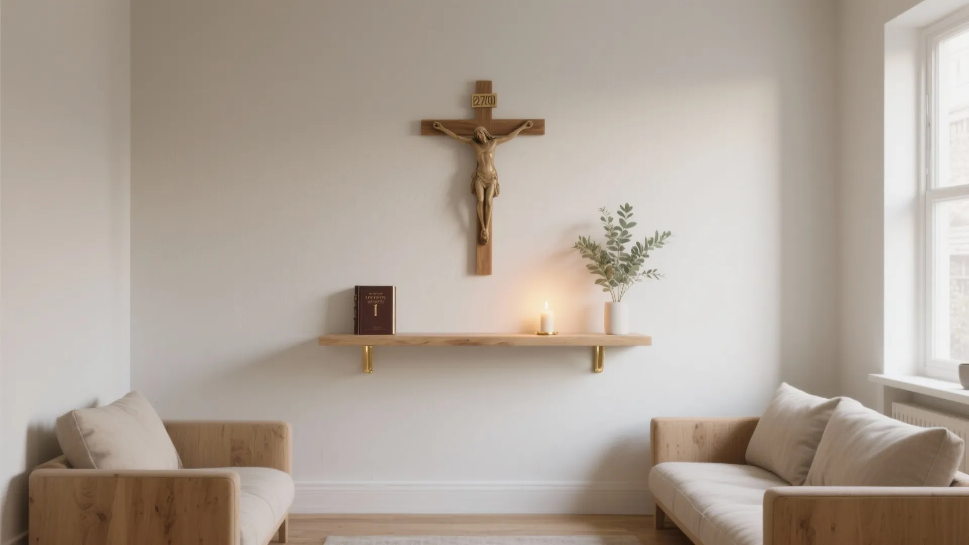 Modern living room with religious cross on wall wooden shelf candle two sofas and sunlight
